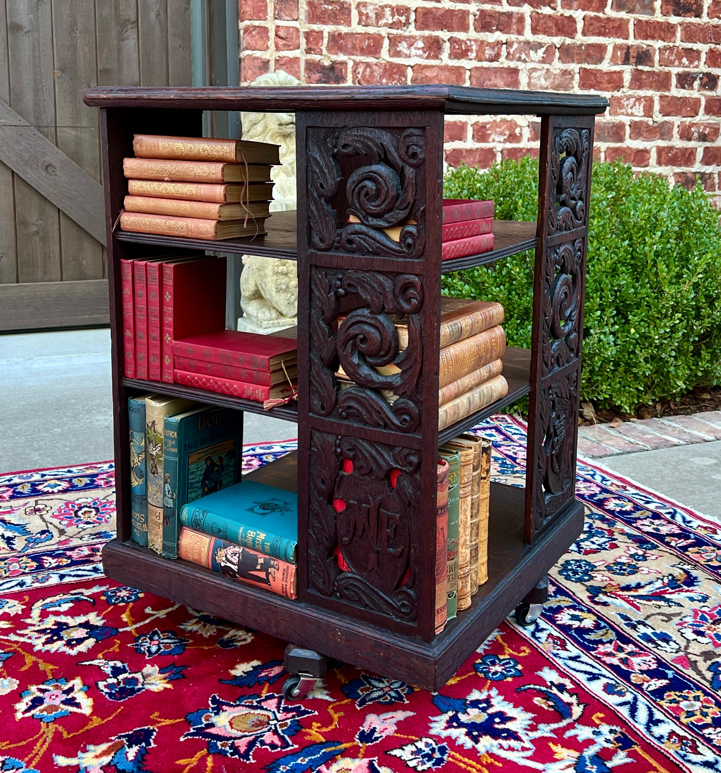 Antique English Revolving Bookcase Carved Display Cabinet Carved Oak c.19th C 10