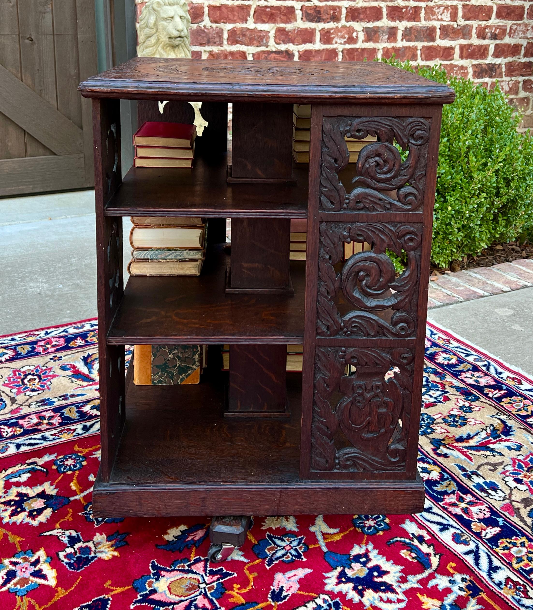 Arts and Crafts Antique English Revolving Bookcase Carved Display Cabinet Carved Oak c.19th C