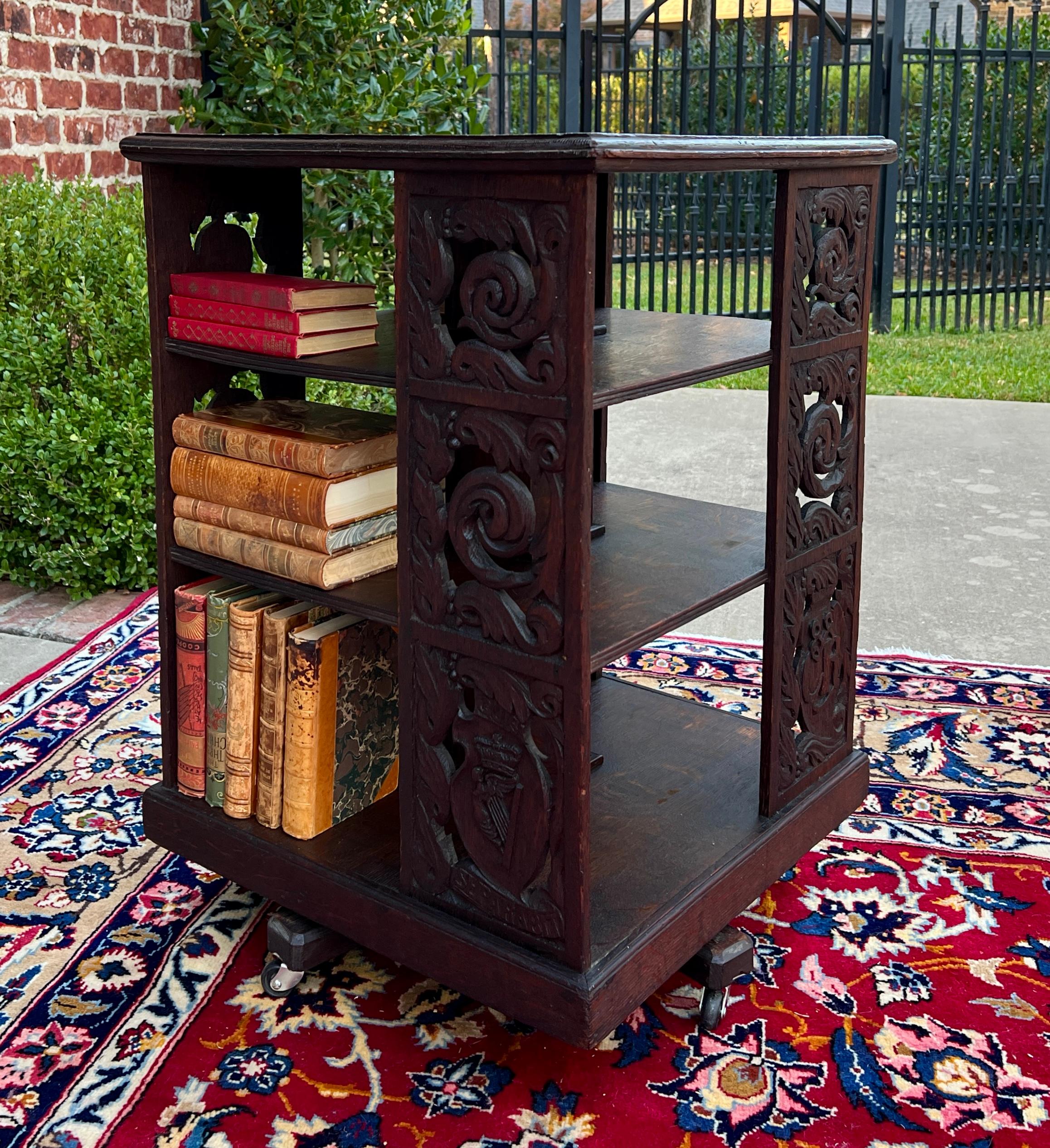 Antique English Revolving Bookcase Carved Display Cabinet Carved Oak c.19th C 1