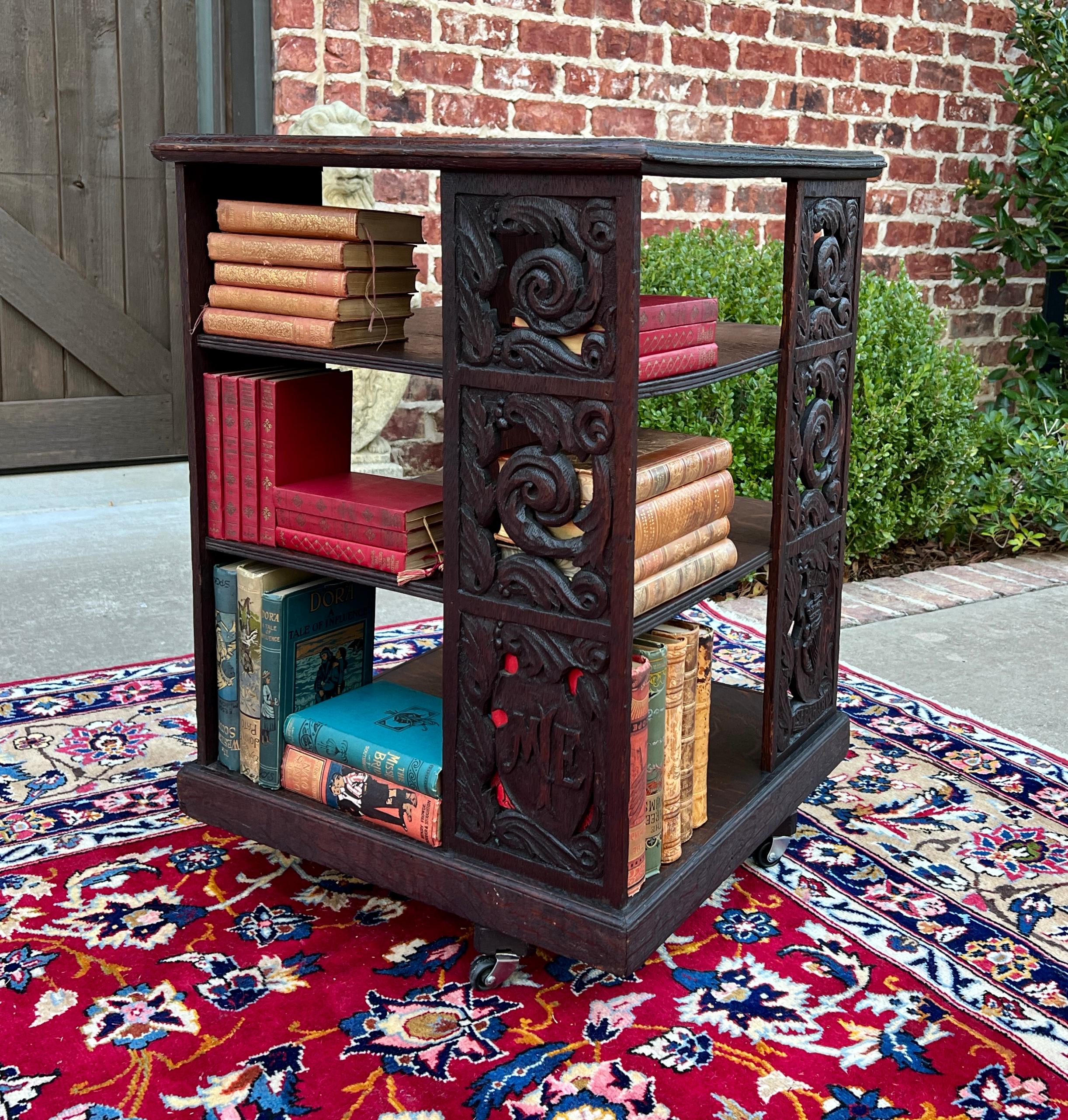 Antique English Revolving Bookcase Carved Display Cabinet Carved Oak c.19th C 2