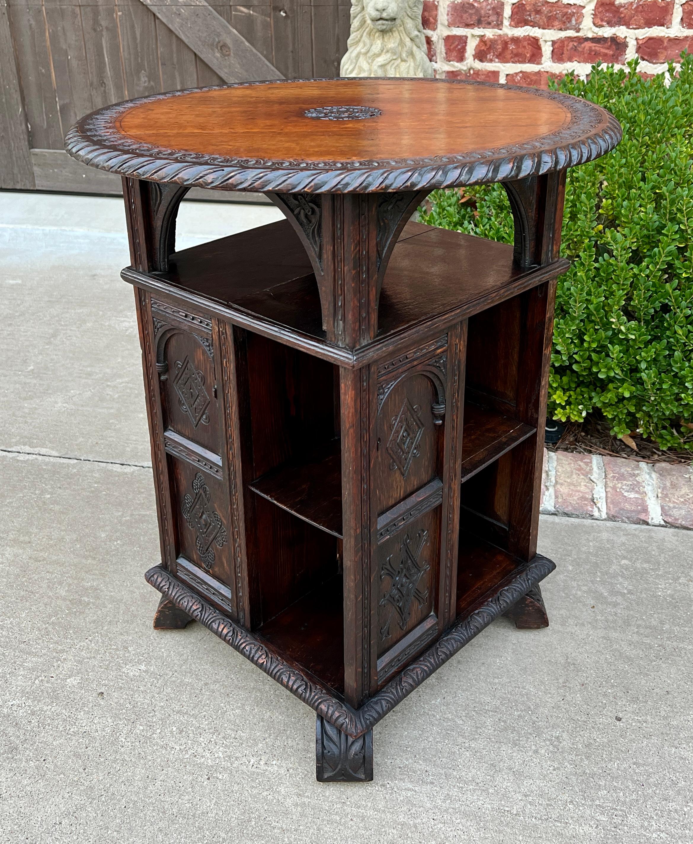 Antique English Revolving Bookcase Display Cabinet Round Table Top Oak c. 1894 5
