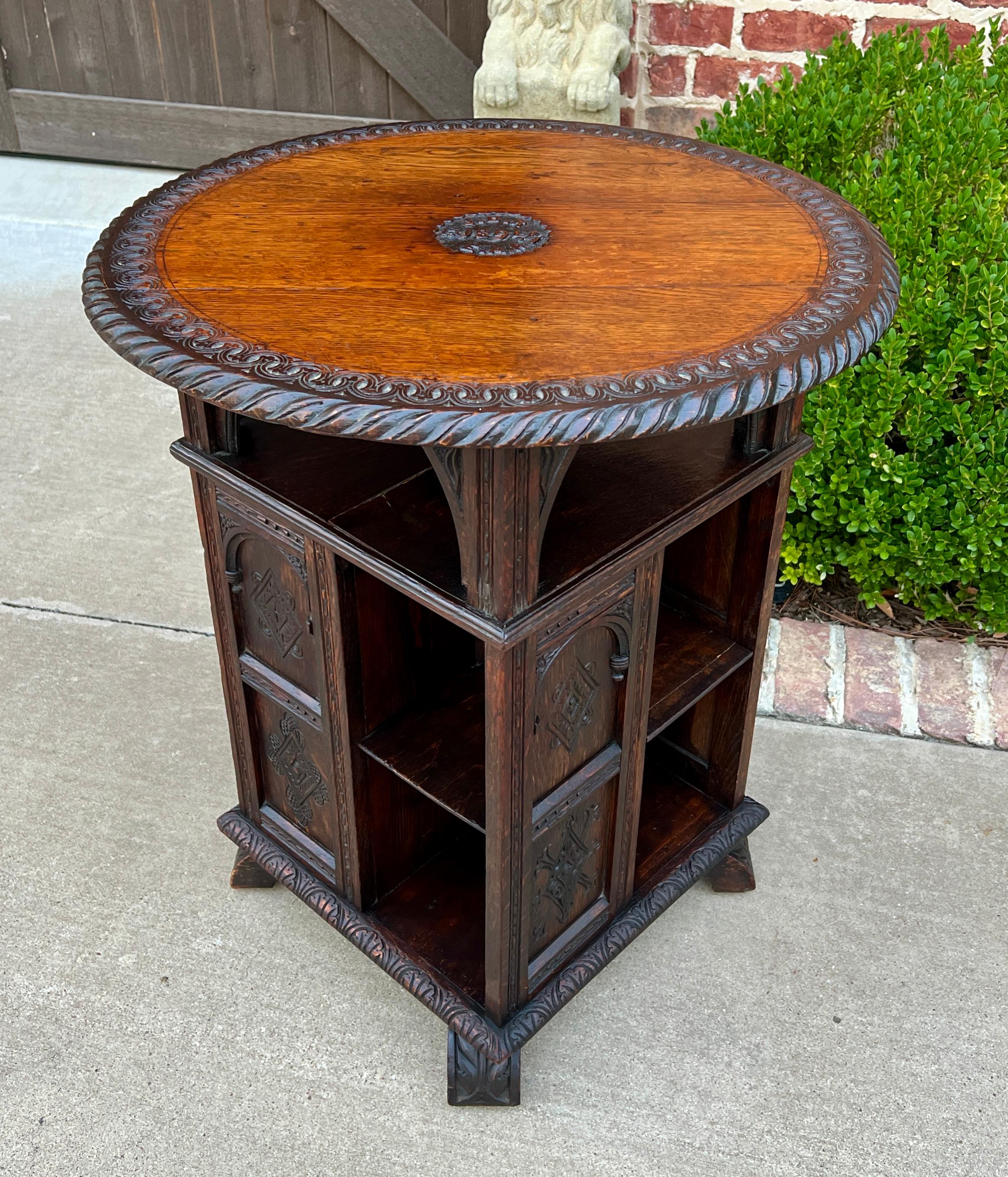 Antique English Revolving Bookcase Display Cabinet Round Table Top Oak c. 1894 6