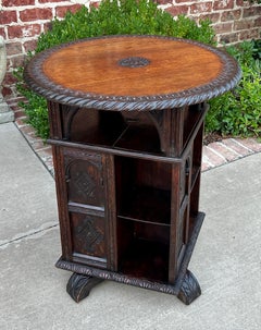 Antique English Revolving Bookcase Display Cabinet Round Table Top Oak c. 1894