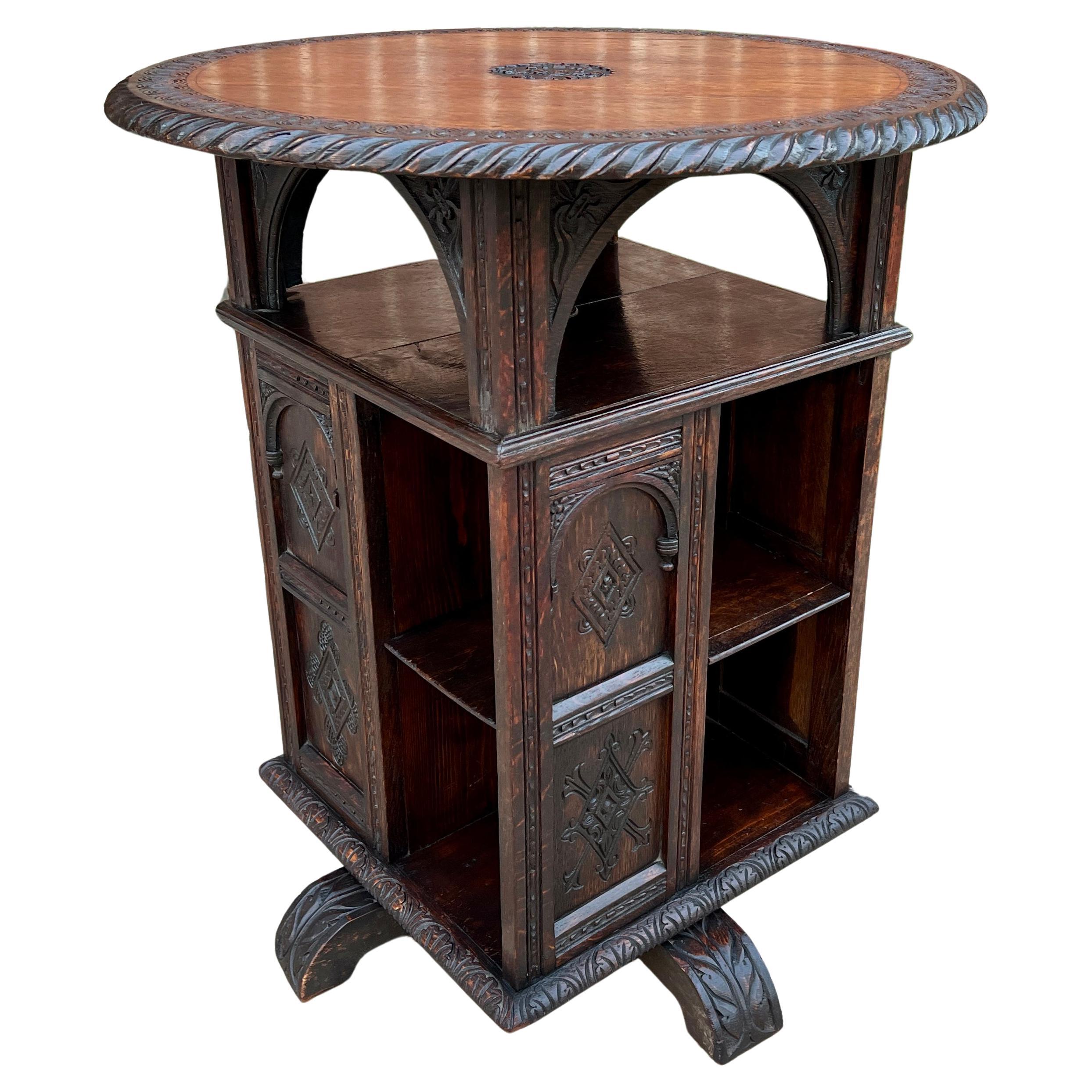 Antique English Revolving Bookcase Display Cabinet Round Table Top Oak c. 1894