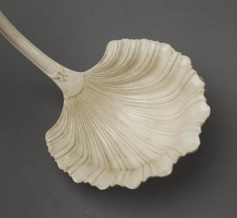 Antique English Rococo Creamware Soup Ladle with ScallopShell Bowl