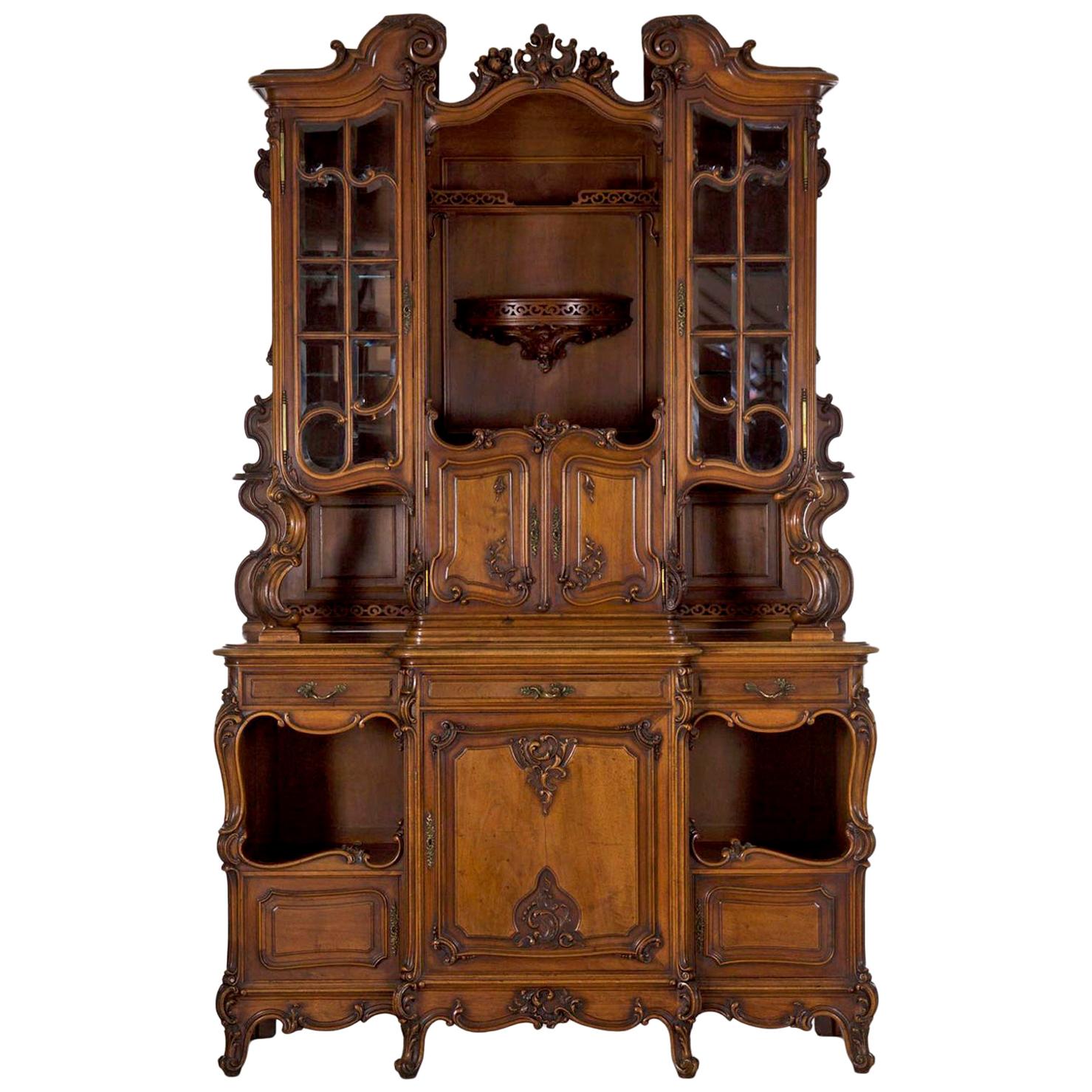 Antique English Rococo Revival Cabinet Server Buffet Deux Corps, circa 1880