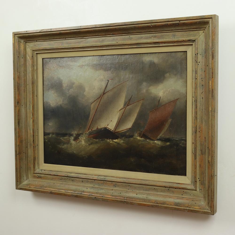 Antique English Romanticism Oil Painting  - Boats On Stormy Seas - Mid 19th C For Sale 3