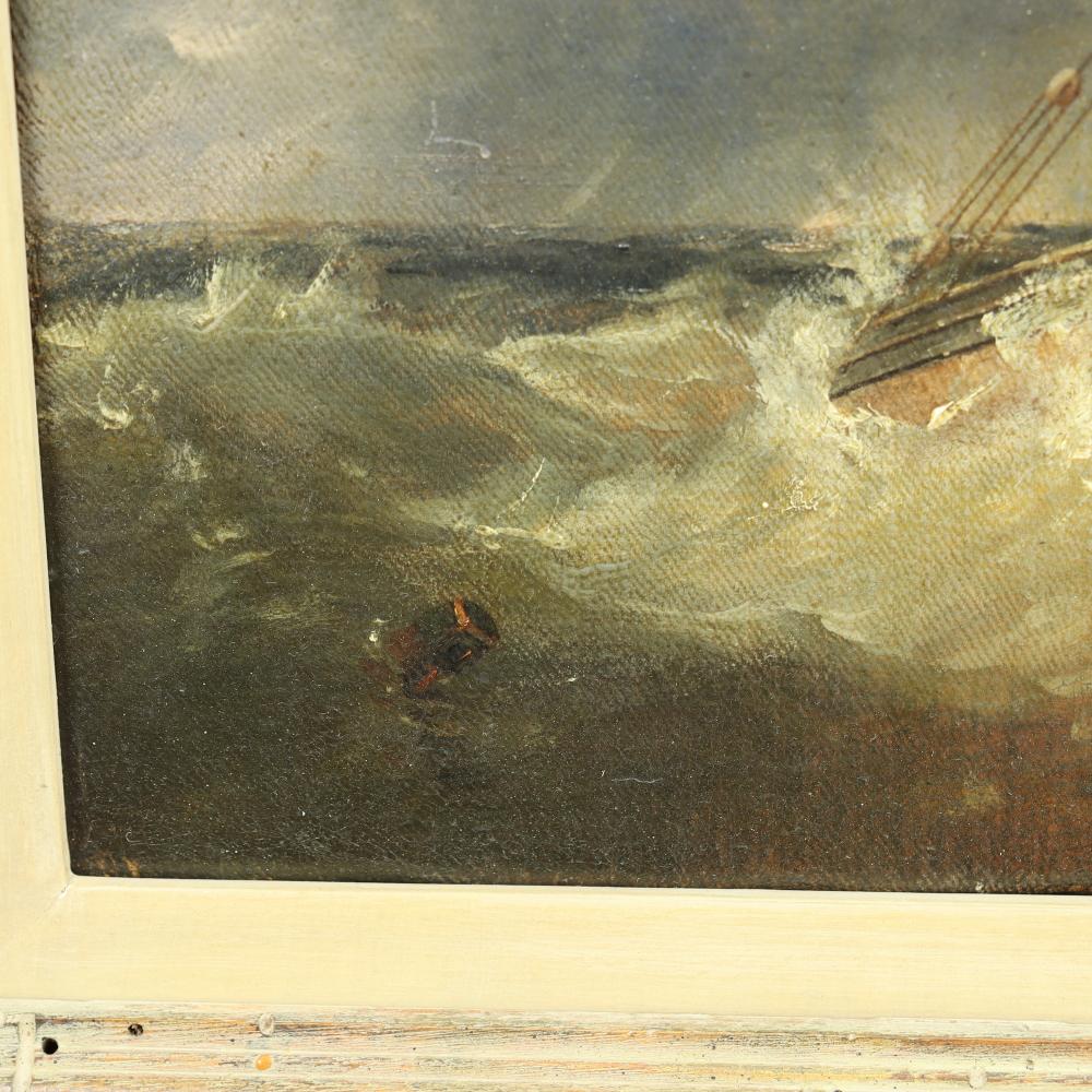 Antique English Romanticism Oil Painting  - Boats On Stormy Seas - Mid 19th C For Sale 5