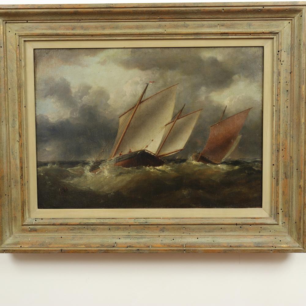 British Antique English Romanticism Oil Painting  - Boats On Stormy Seas - Mid 19th C For Sale