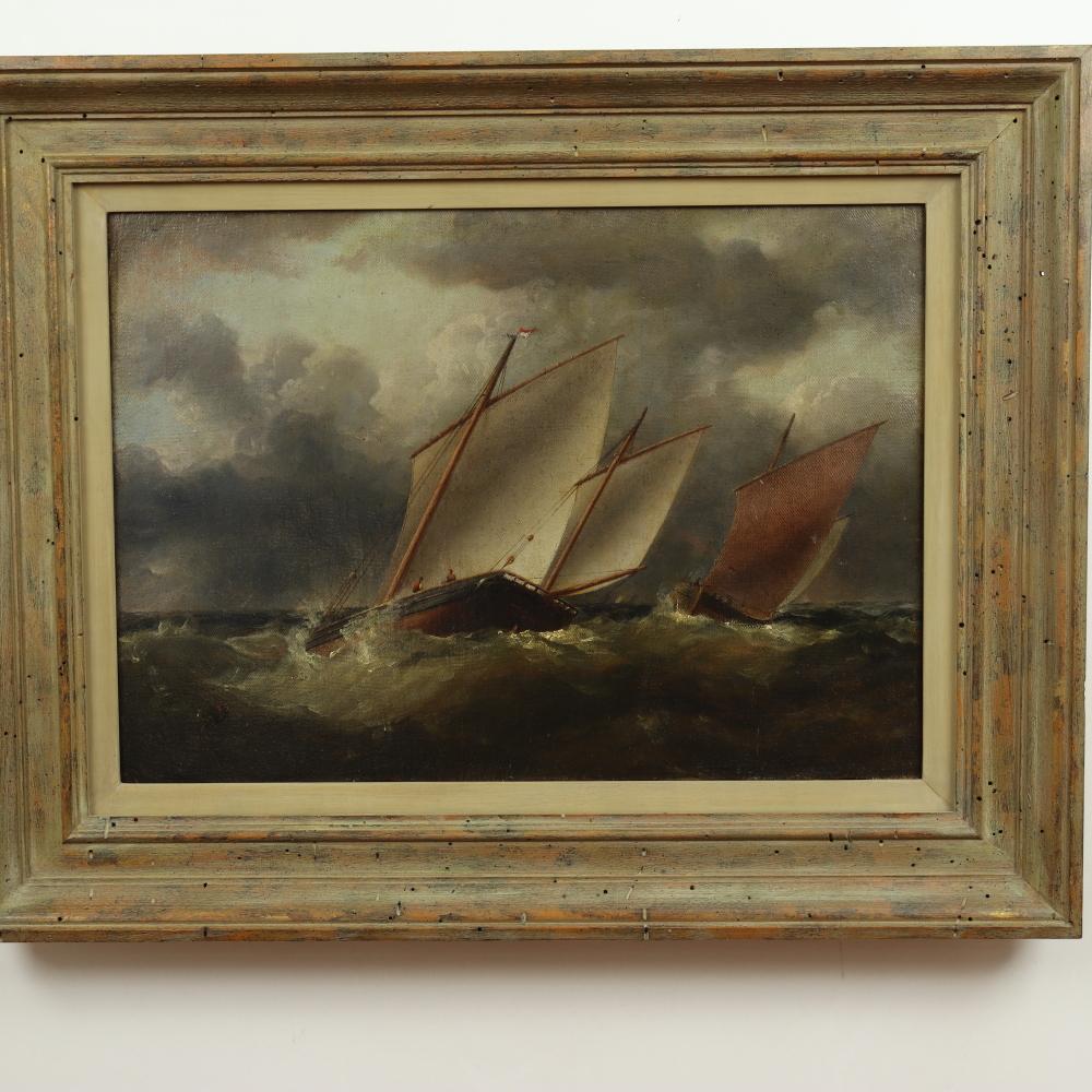Hand-Painted Antique English Romanticism Oil Painting  - Boats On Stormy Seas - Mid 19th C For Sale