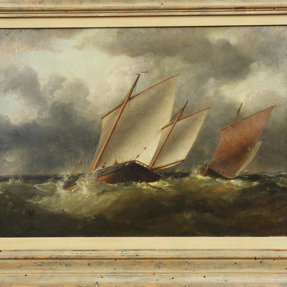 Antique English Romanticism Oil Painting  - Boats On Stormy Seas - Mid 19th C In Good Condition For Sale In Los Angeles, CA