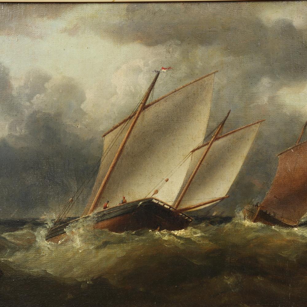19th Century Antique English Romanticism Oil Painting  - Boats On Stormy Seas - Mid 19th C For Sale