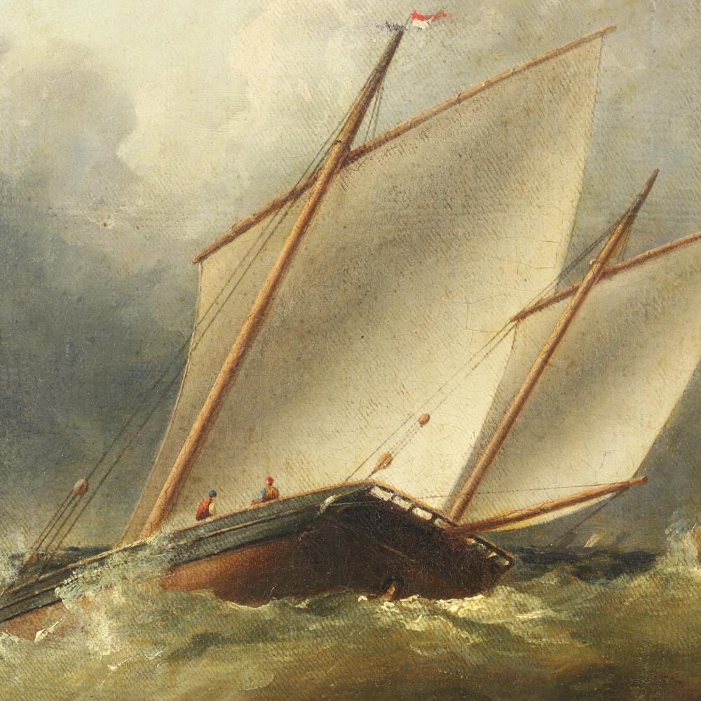 Canvas Antique English Romanticism Oil Painting  - Boats On Stormy Seas - Mid 19th C For Sale