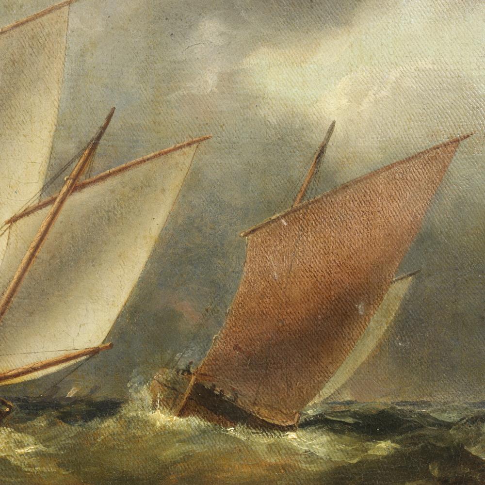 Antique English Romanticism Oil Painting  - Boats On Stormy Seas - Mid 19th C For Sale 1