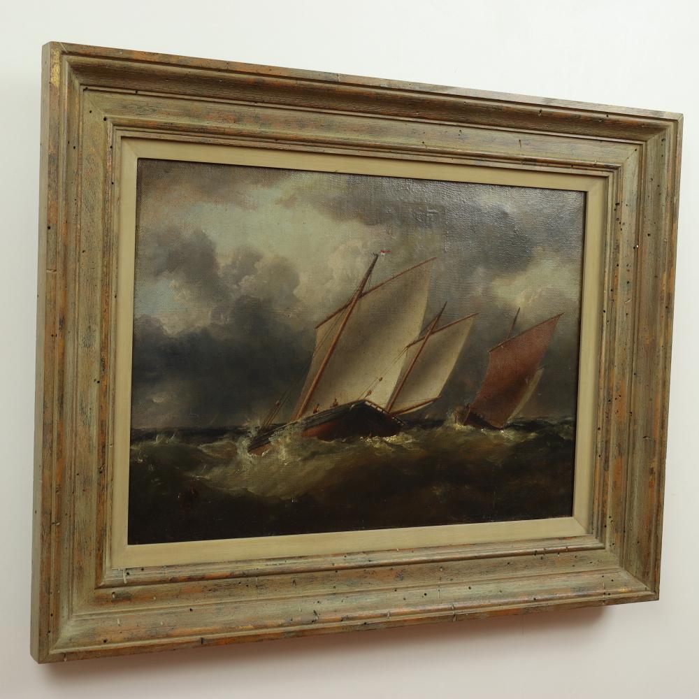 Antique English Romanticism Oil Painting  - Boats On Stormy Seas - Mid 19th C For Sale 2