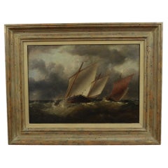 Antique English Romanticism Oil Painting  - Boats On Stormy Seas - Mid 19th C