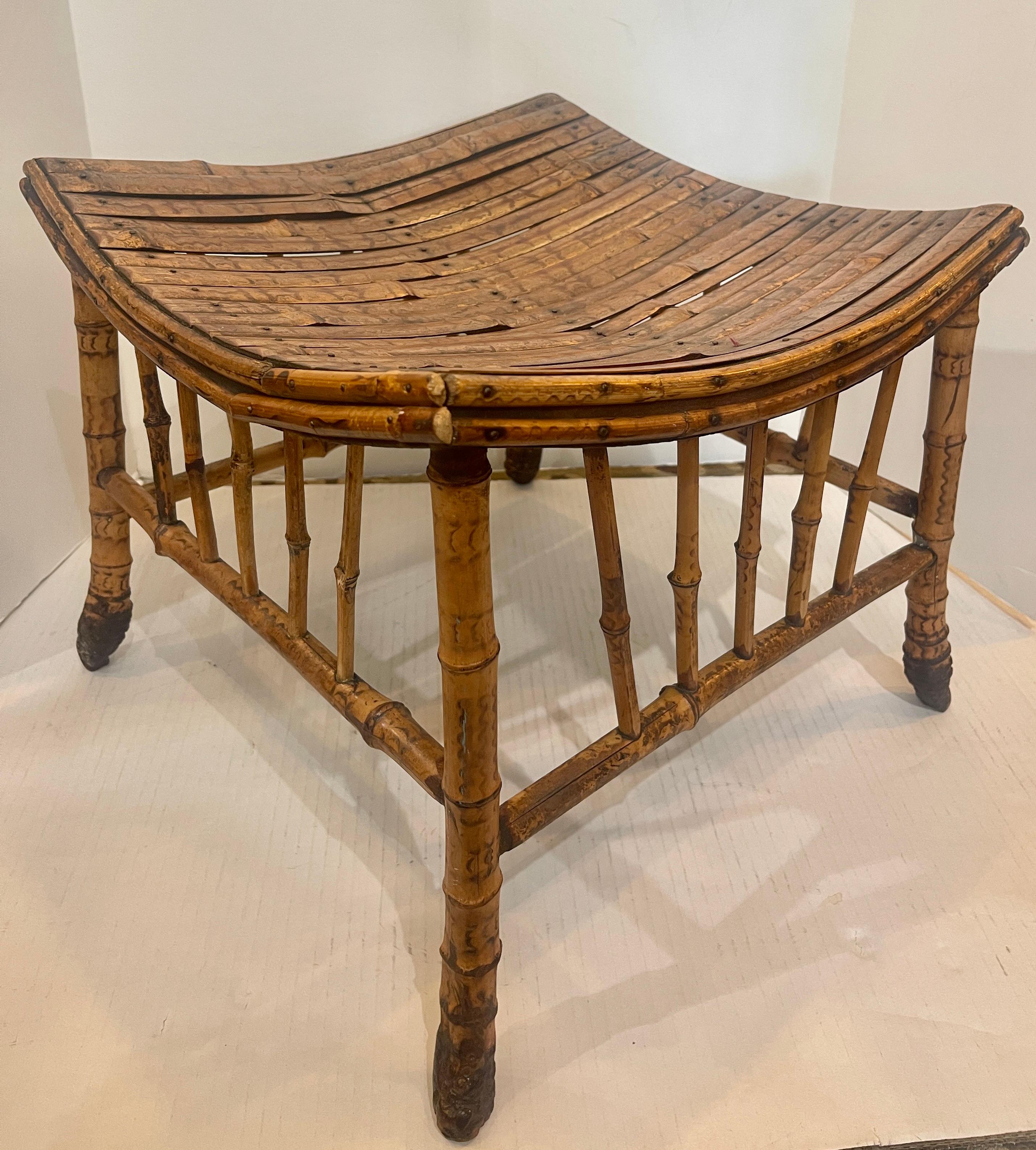 Just in, this great looking Antique English Root Bamboo Thebes Stool in the Egyptian Revival period
This charming stool is from the early 1900s, with slatted curving seat and root bamboo legs..
Very good antique condition, consistent with age and