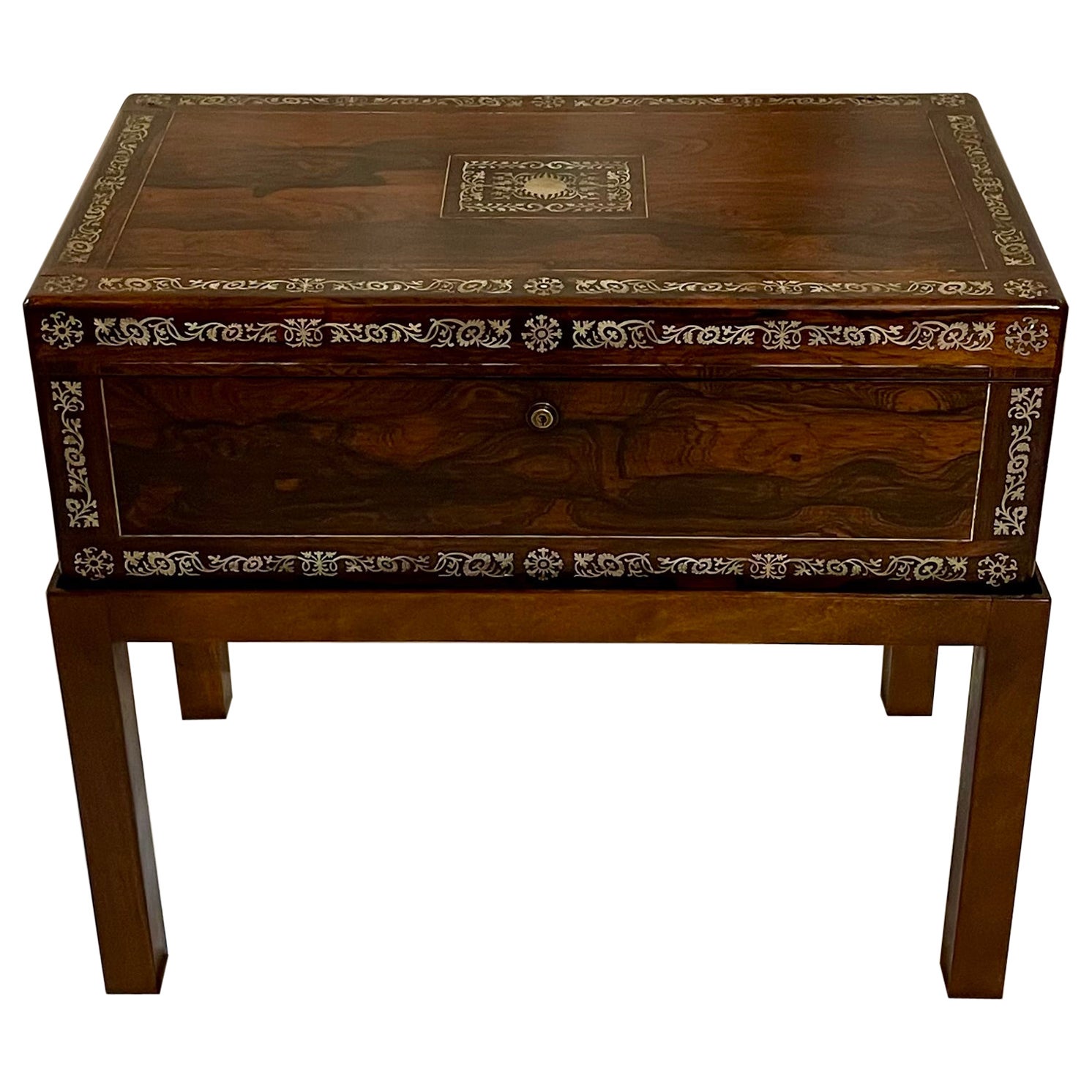 Antique English Rosewood and Mother-of-Pearl Inlaid Box on Stand, Circa 1860's.