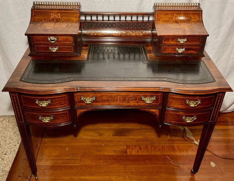 Antique English Rosewood Inlaid Writing Desk with Leather Top, Circa