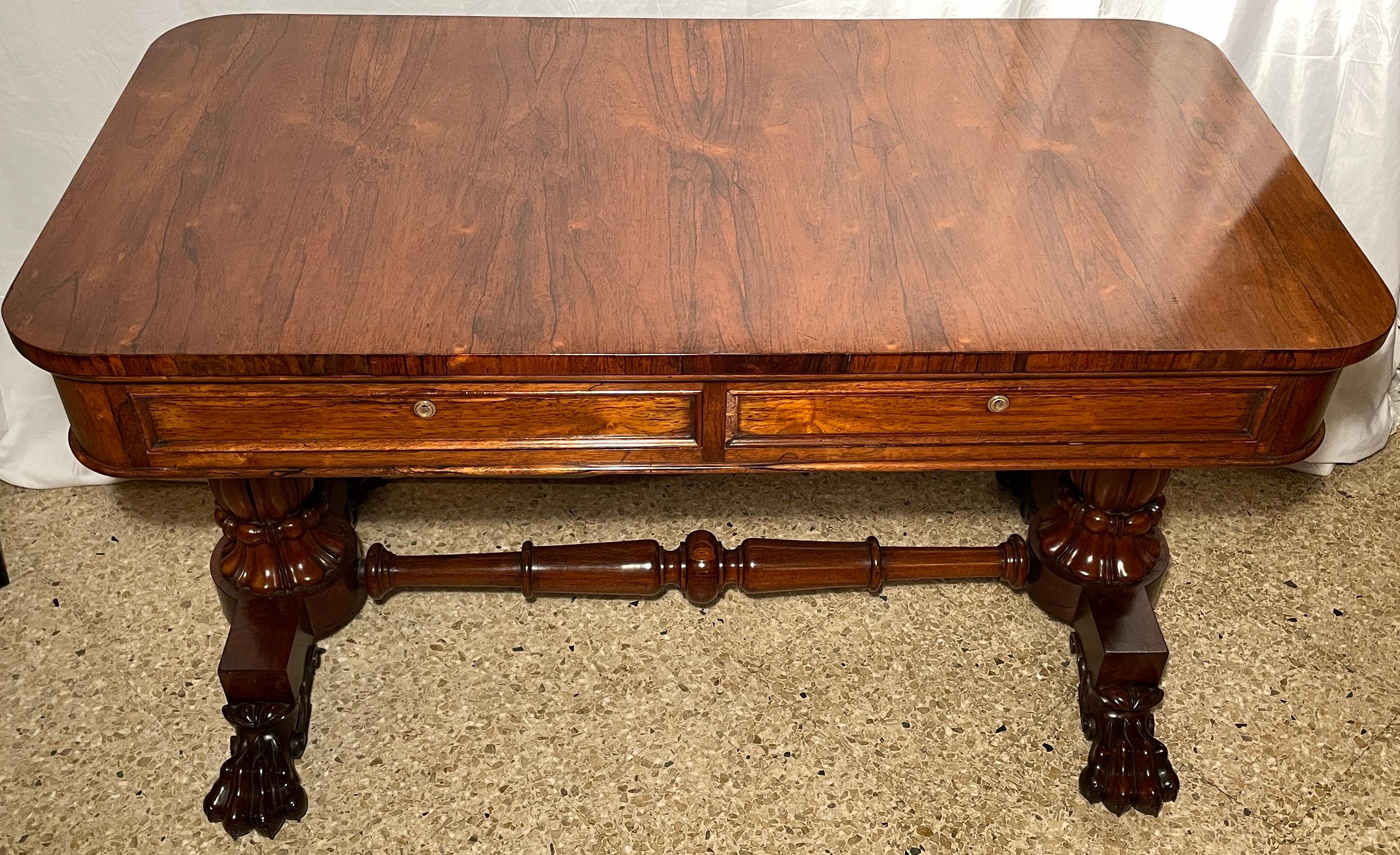 Antique English rosewood library table, circa 1860.