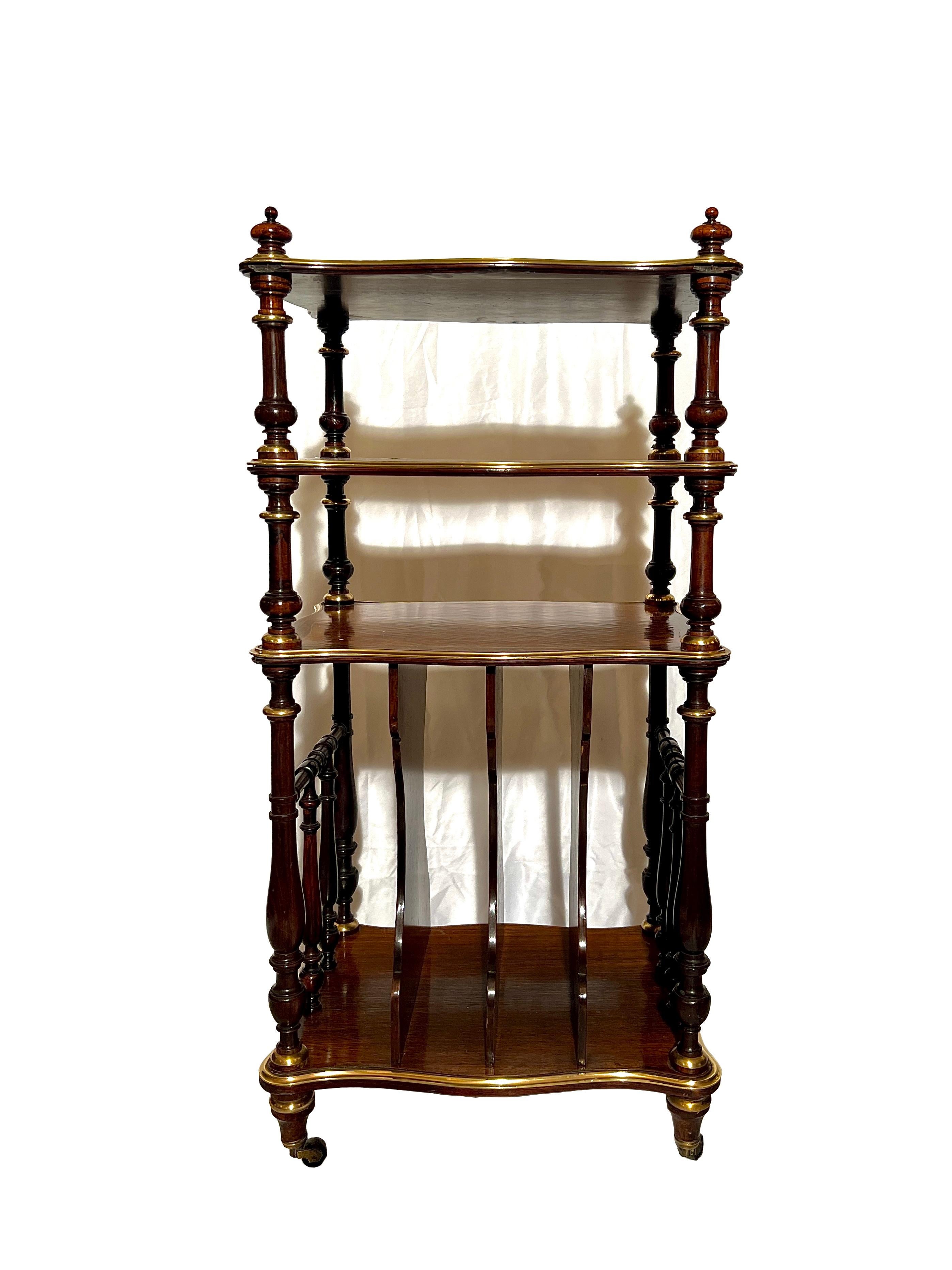 Antique English Rosewood Magazine Table or Canterbury on Casters, Circa 1860-1880.