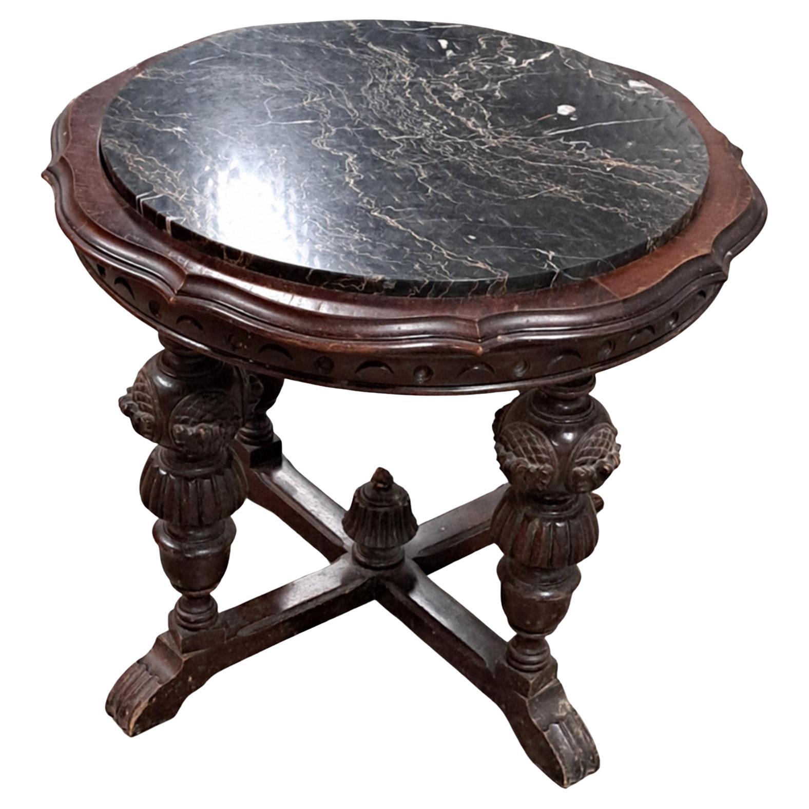 Antique English Round Occasional Table with Black Marble Top