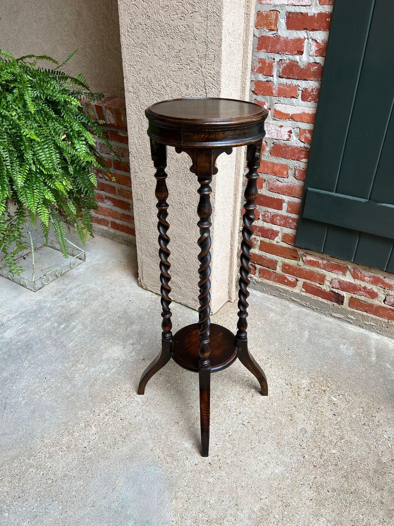 Antique English Round Plant Stand Barley Twist Dark Oak Jardiniere Display Table 7