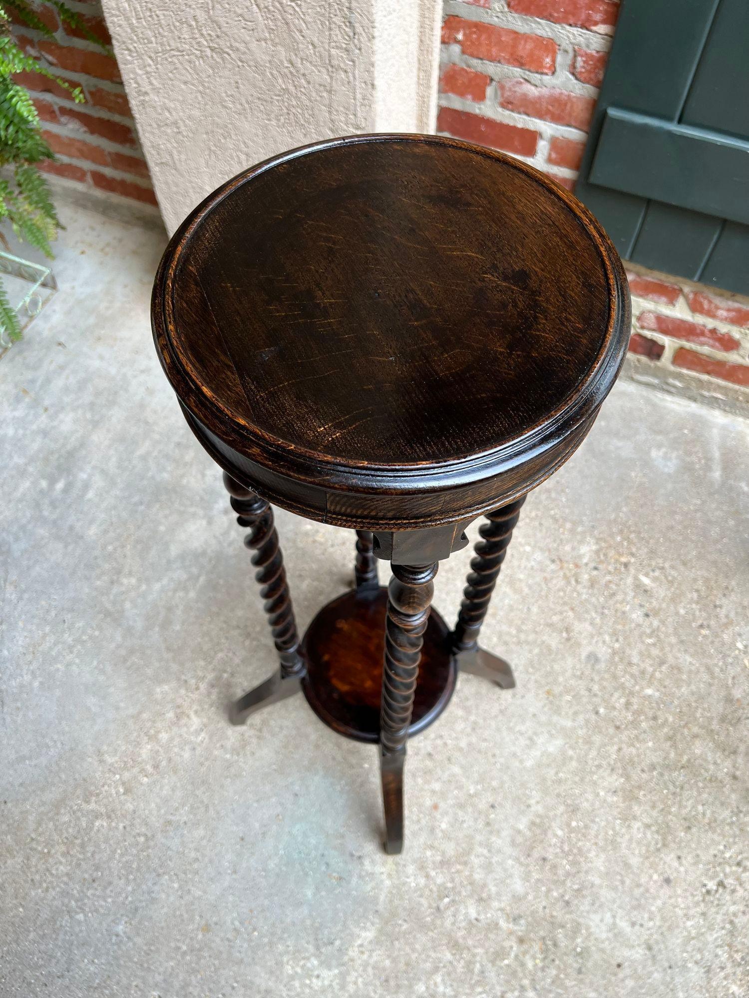 20th Century Antique English Round Plant Stand Barley Twist Dark Oak Jardiniere Display Table