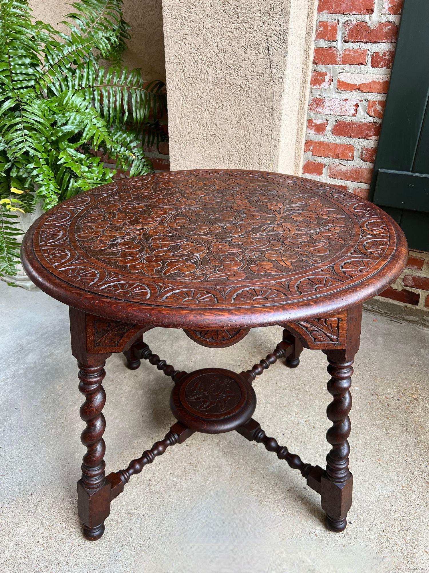 British Antique English ROUND Side Center Table BARLEY TWIST Carved Oak Jacobean c1910 For Sale