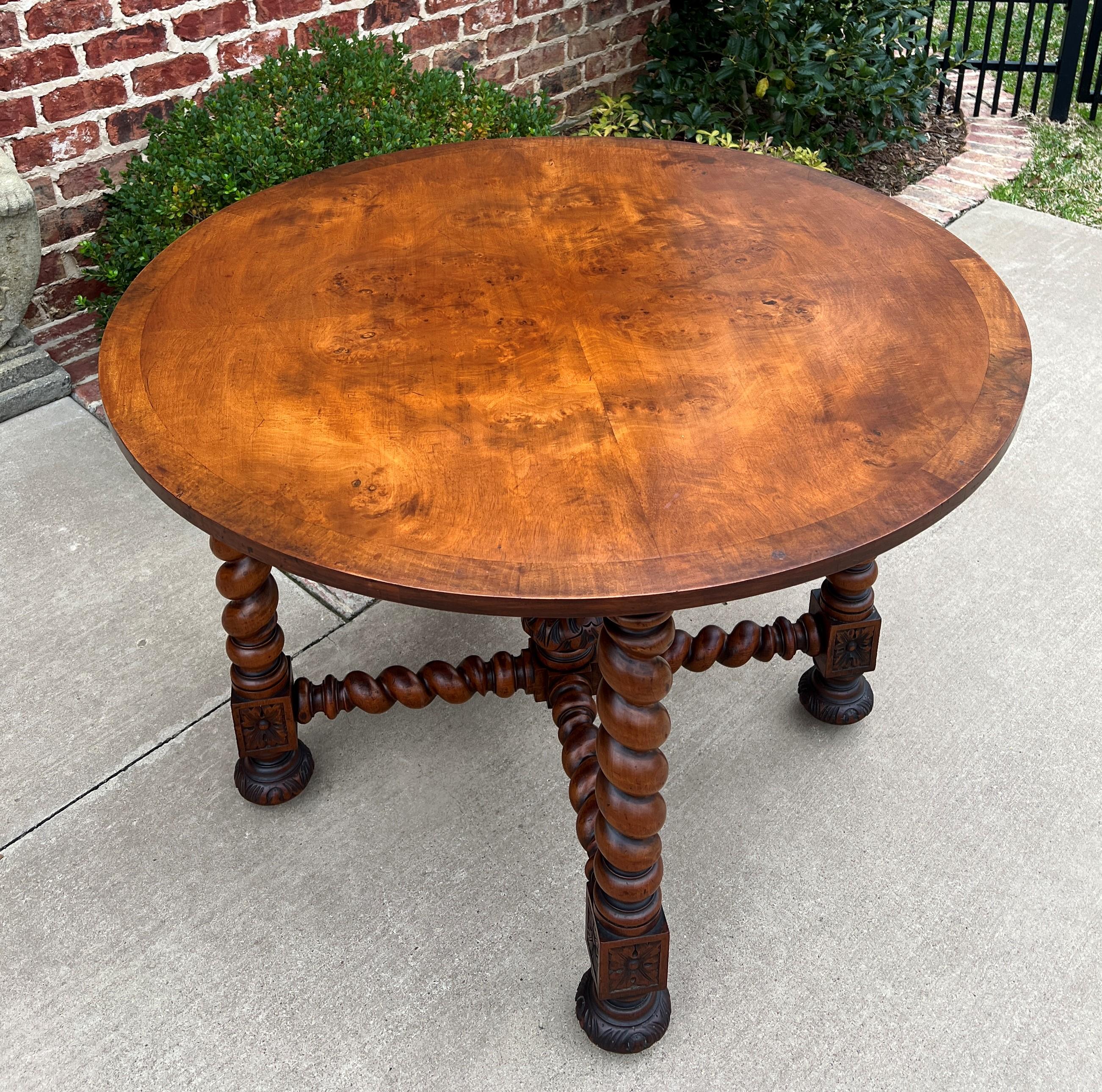 French Antique English Round Table Barley Twist Table Renaissance Revival Burl Walnut
