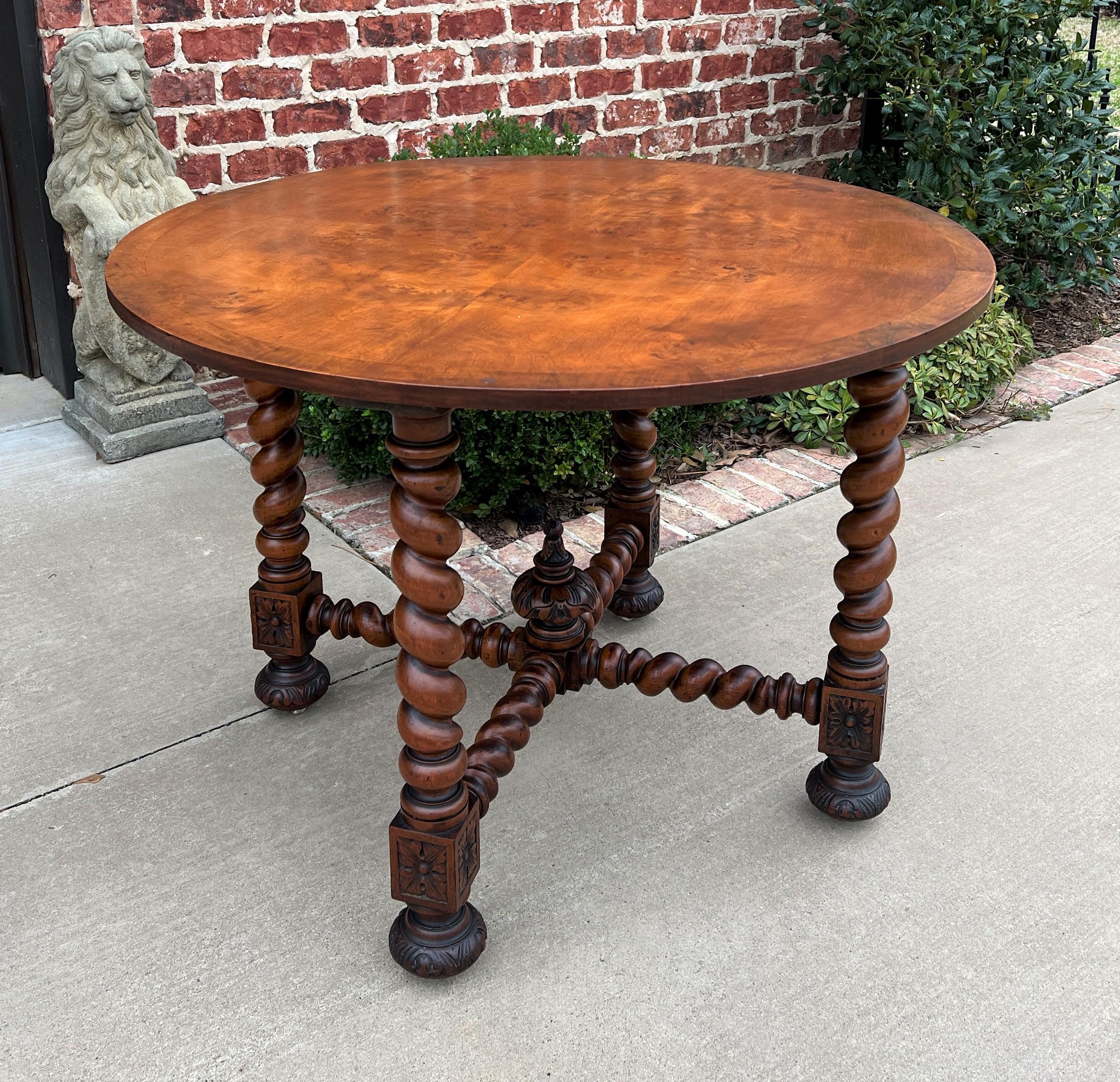 Carved Antique English Round Table Barley Twist Table Renaissance Revival Burl Walnut