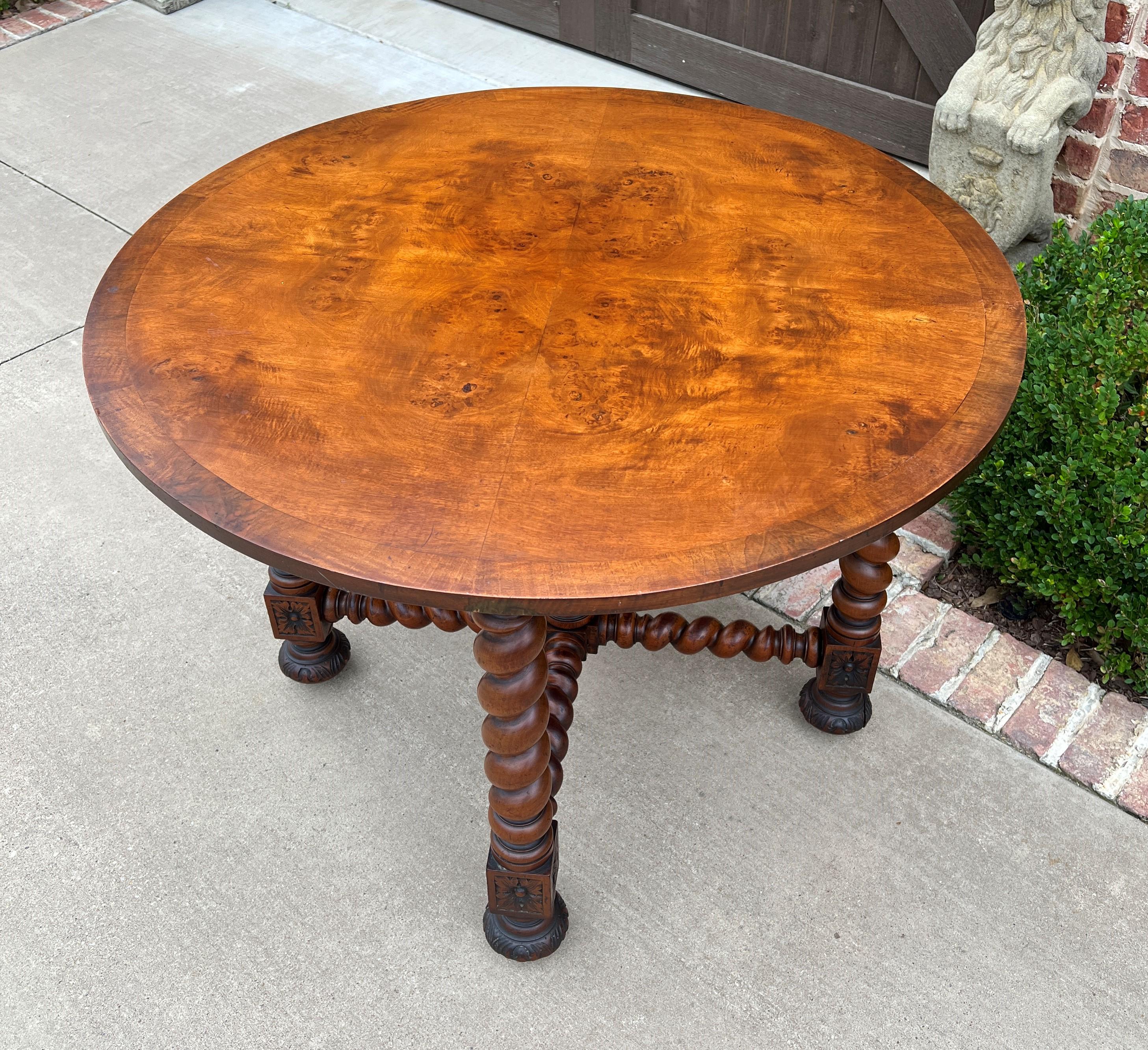 19th Century Antique English Round Table Barley Twist Table Renaissance Revival Burl Walnut