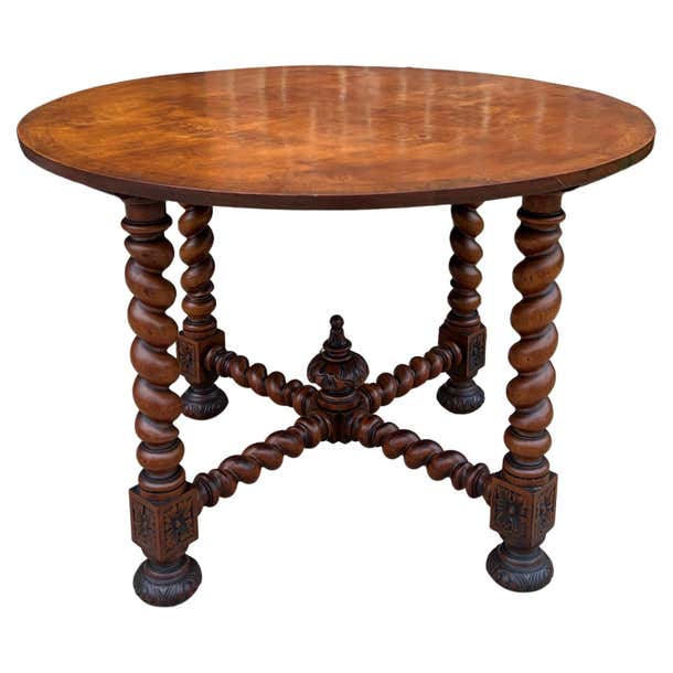 Round Renaissance Table Antique English Round Table Barley Twist Table Renaissance Revival Burl ...