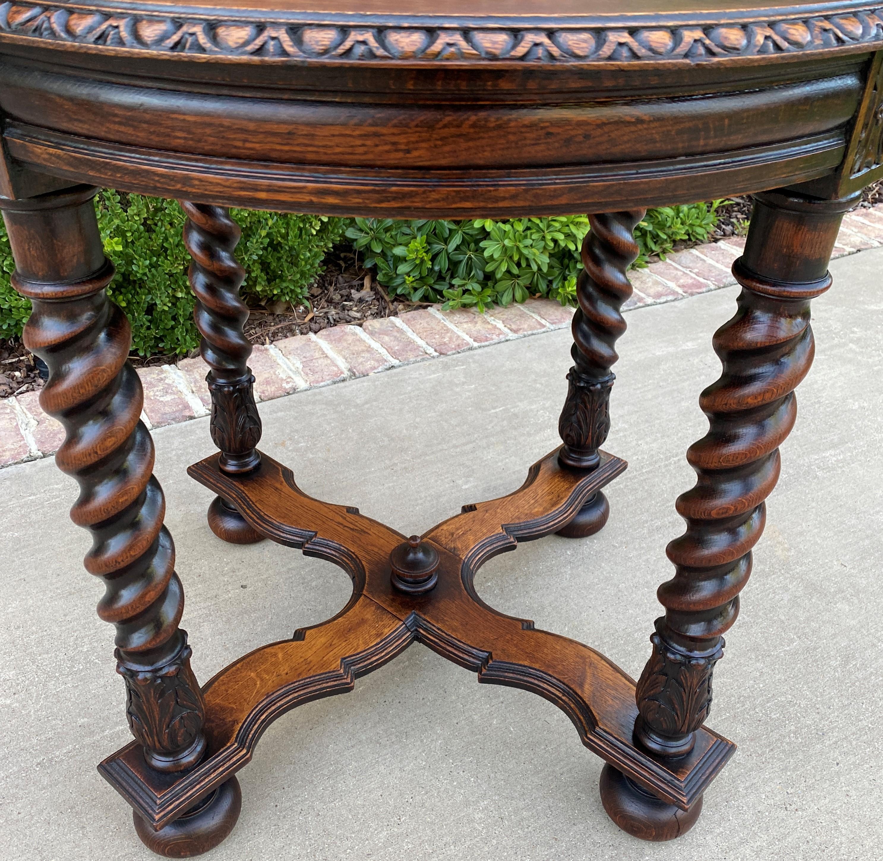 charming antique English oak round end table, occasional table or nightstand/bed table ~~barley twist legs~~c. 1930s

Round tables are so hard to find~~beautiful and versatile size with relief-carved beveled edge top, thick barley twist legs,