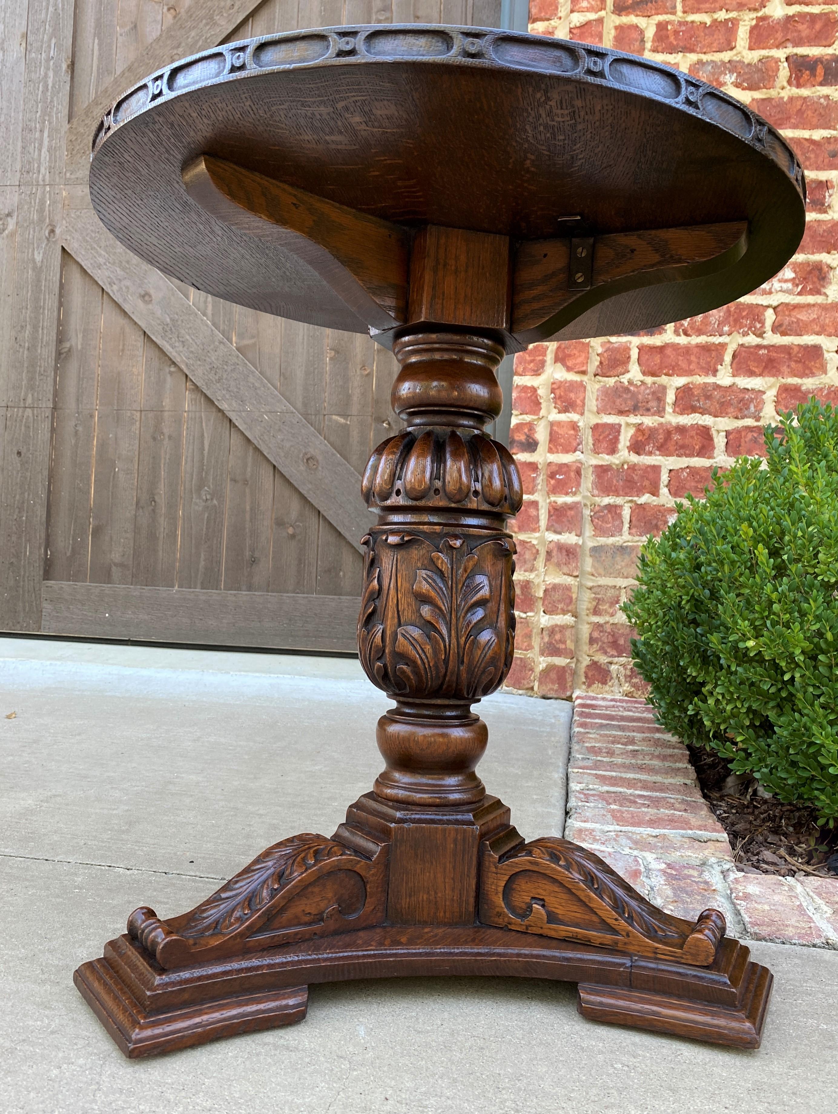 Antique English Round Table Pedestal End Occasional Table Nightstand Carved Oak 7