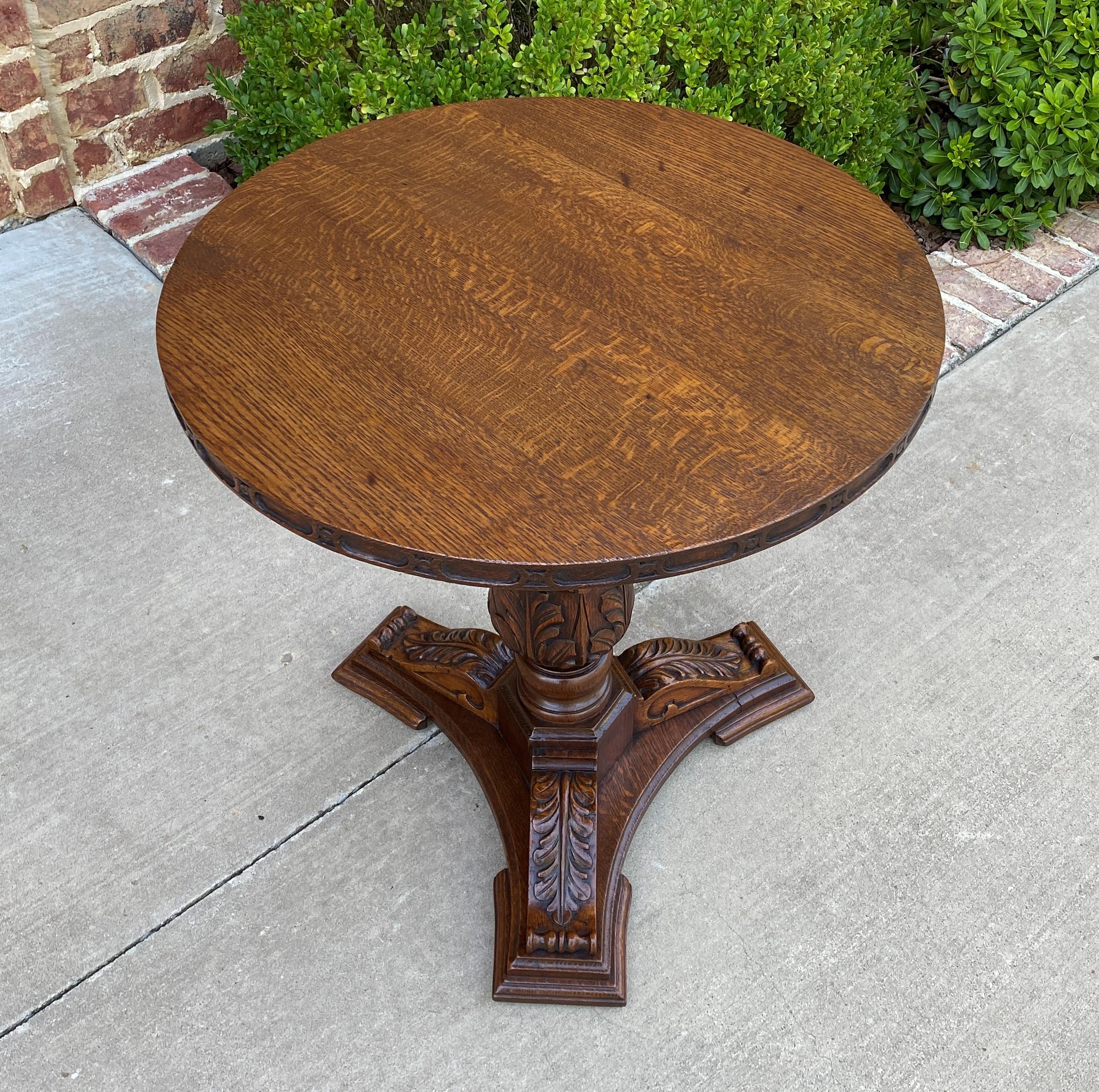 Antique English Round Table Pedestal End Occasional Table Nightstand Carved Oak 3