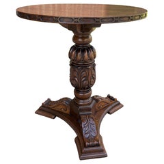 Antique English Round Table Pedestal End Occasional Table Nightstand Carved Oak
