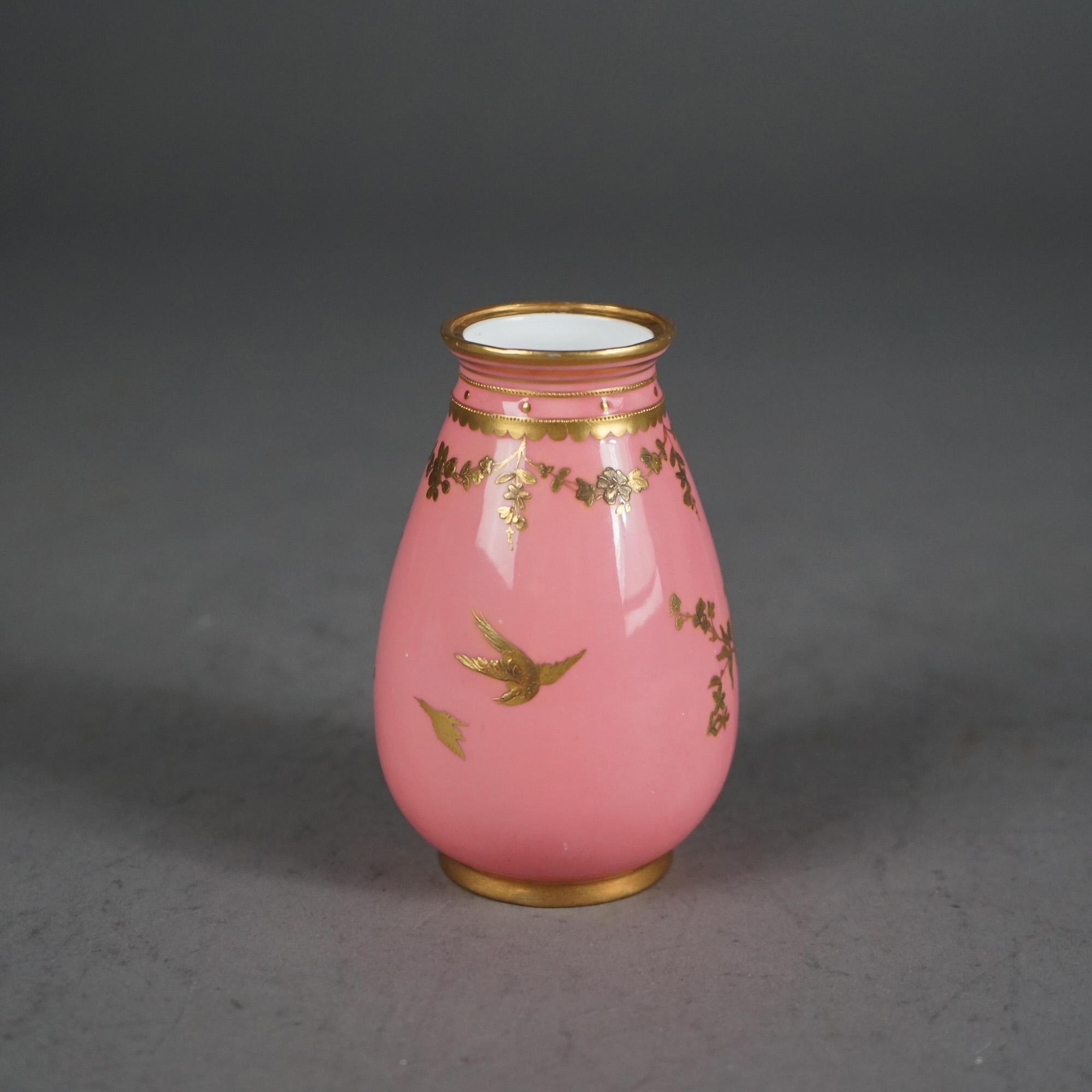 Antique English Royal Crown Derby Git Decorated Porcelain Vase, Bird Scene C1890 In Good Condition In Big Flats, NY
