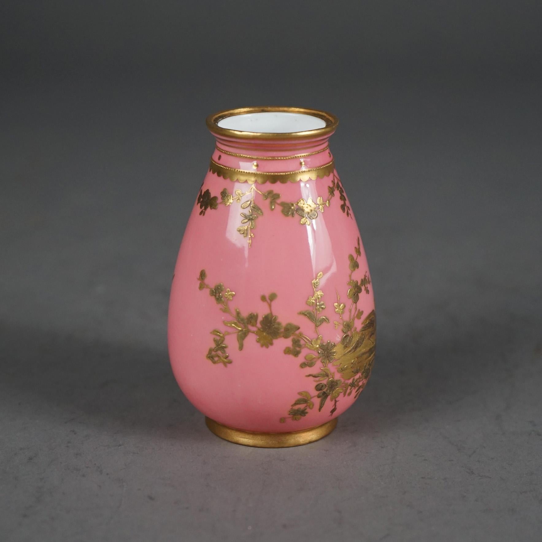 19th Century Antique English Royal Crown Derby Git Decorated Porcelain Vase, Bird Scene C1890