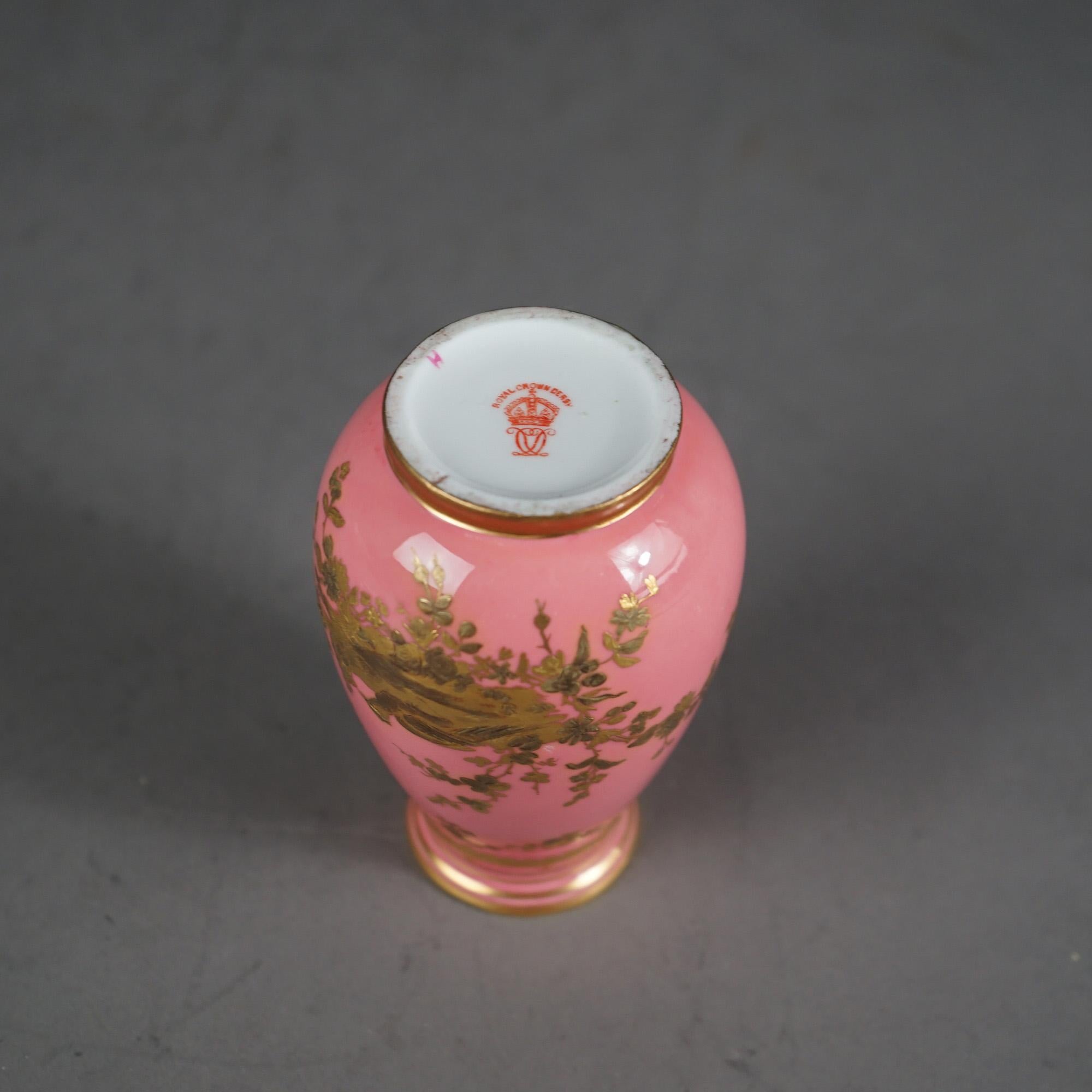 Antique English Royal Crown Derby Git Decorated Porcelain Vase, Bird Scene C1890 2