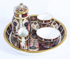 Antique English Royal Crown Derby Tea Set on Tray, Imari Pattern, 19th Century