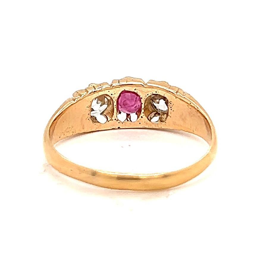 Oval Cut Antique English Ruby Diamond 18 Karat Yellow Gold Three Stone Ring