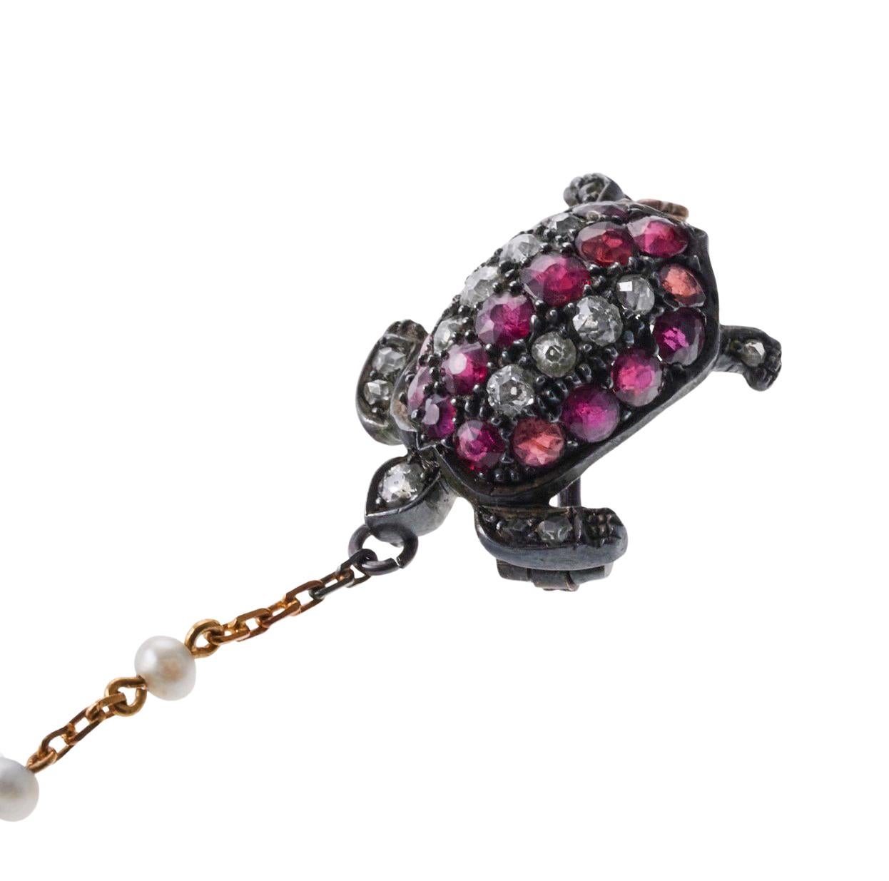Antique English Ruby Diamond Pearl Gold Silver Turtle Brooch In Excellent Condition In New York, NY
