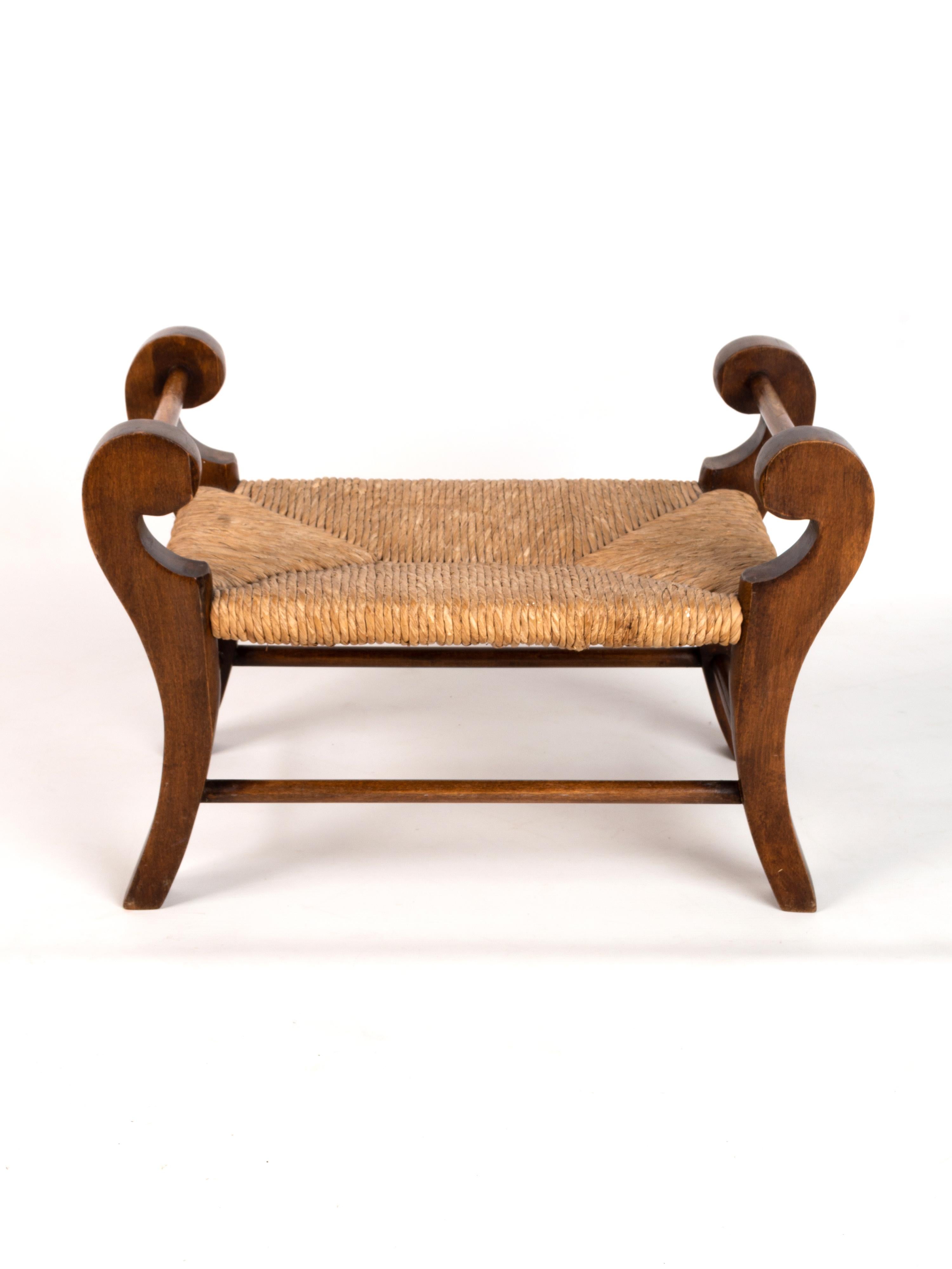 Woven Antique English Rush And Beech Footstool Stool C.1930 For Sale