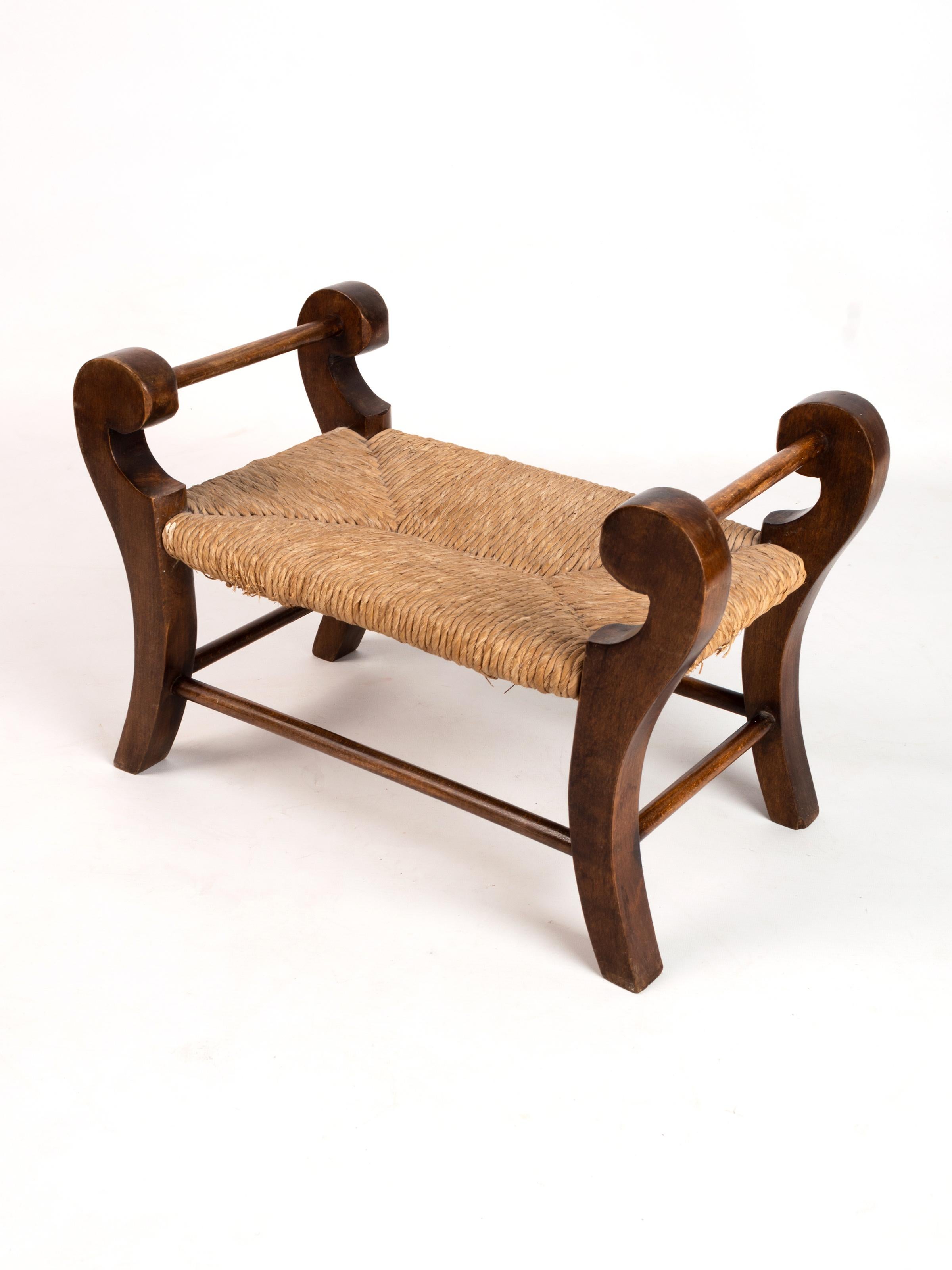 Raffia Antique English Rush And Beech Footstool Stool C.1930 For Sale