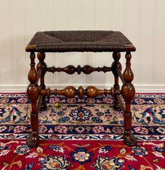 Antique English Rush Seat Bench Stool Joint Stool Turned Leg Carved Oak c. 1930s