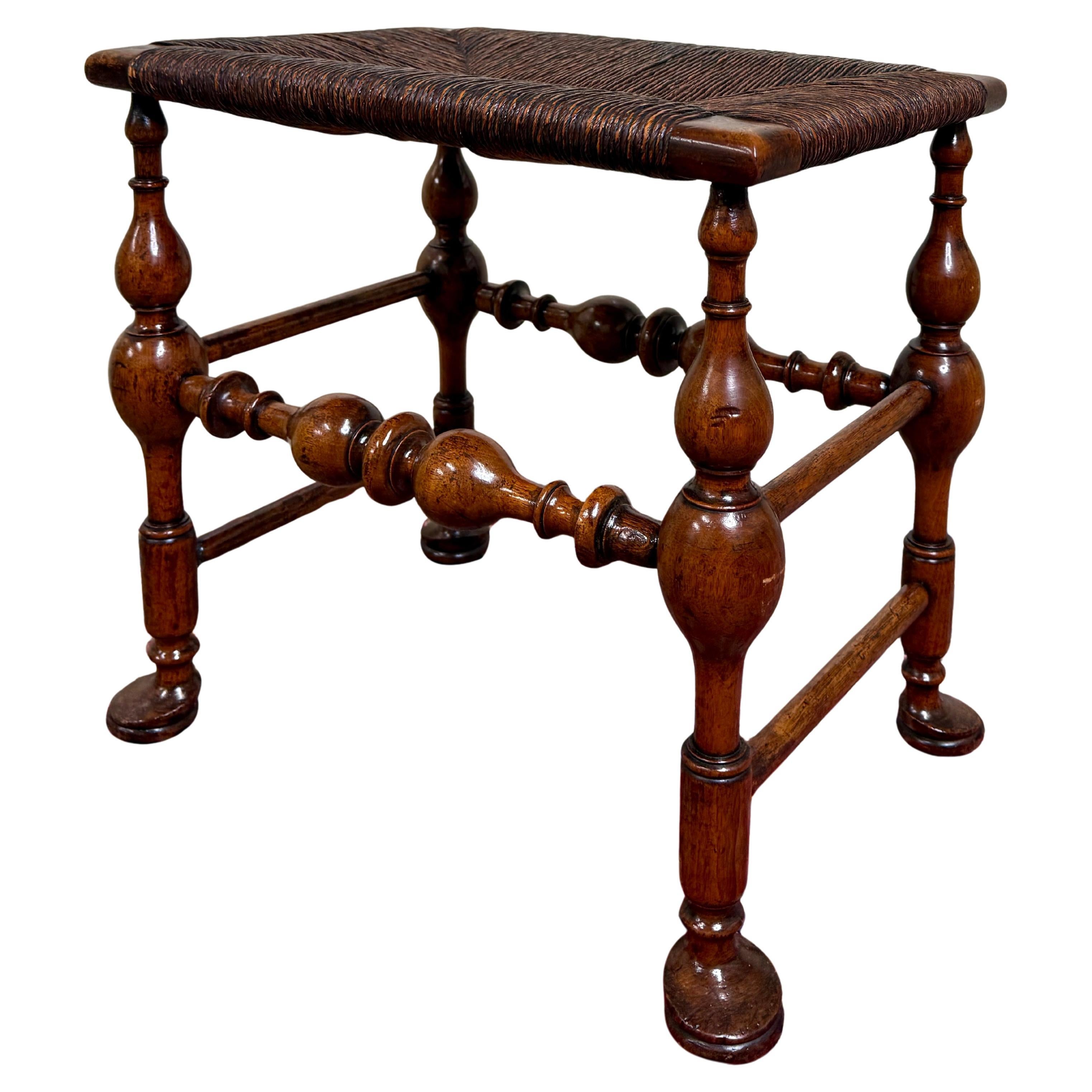 Antique English Rush Seat Bench Stool Joint Stool Turned Leg Carved Oak c. 1930s