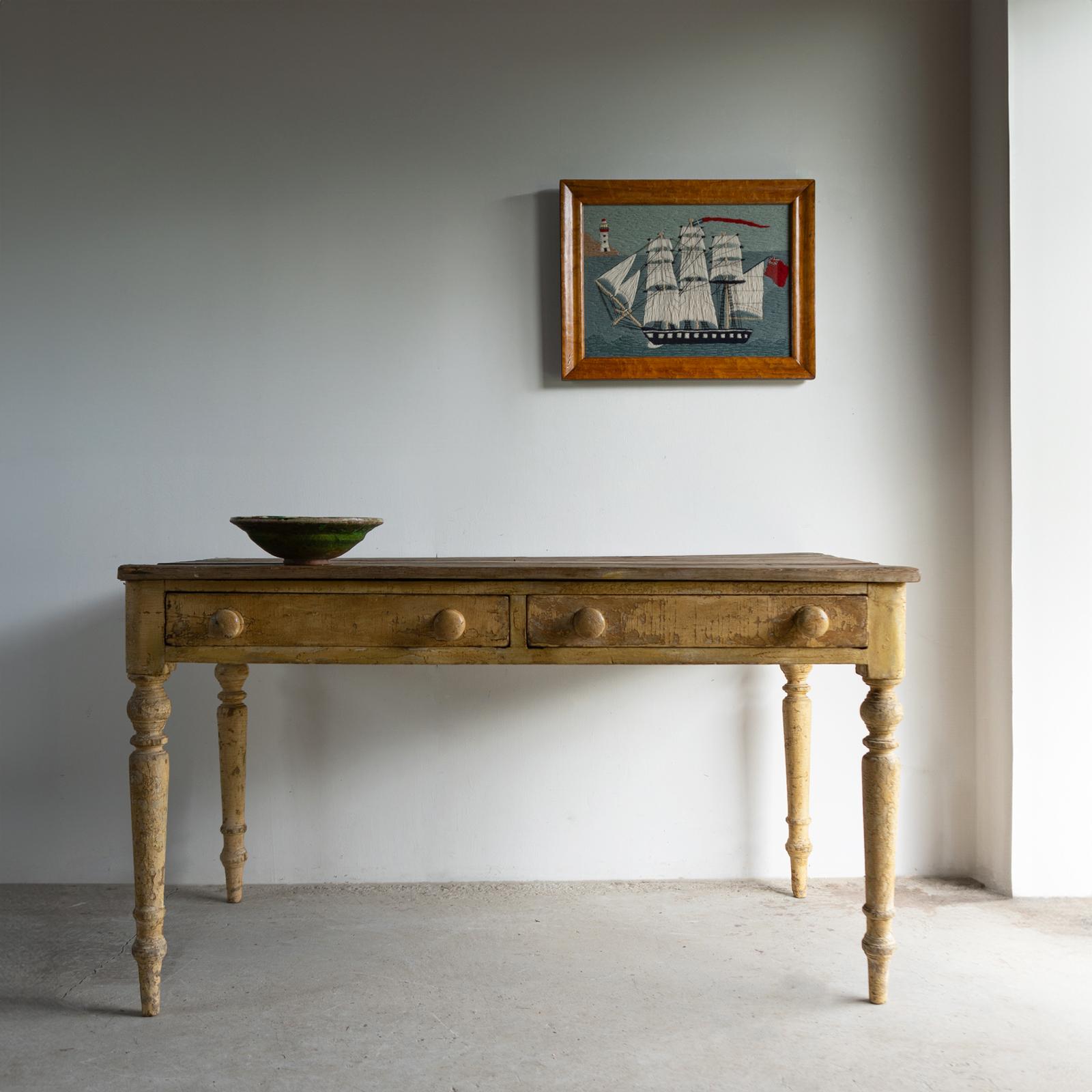 Antique English Rustic Farmhouse Painted Pine Kitchen Dining Table, 19th Century Rústico en venta