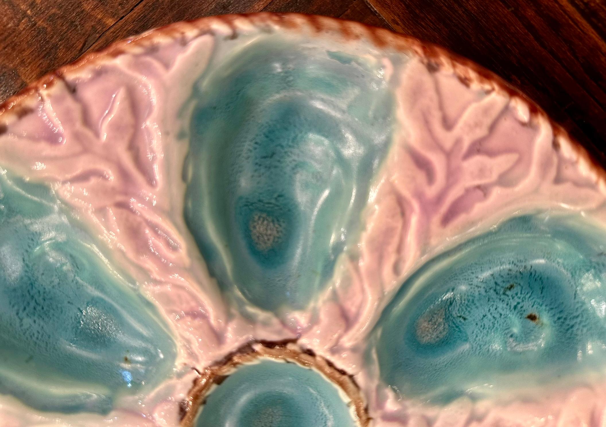 Antique English S. Fielding Majolica Porcelain Lavender Oyster Plate Circa 1870. In Good Condition For Sale In New Orleans, LA