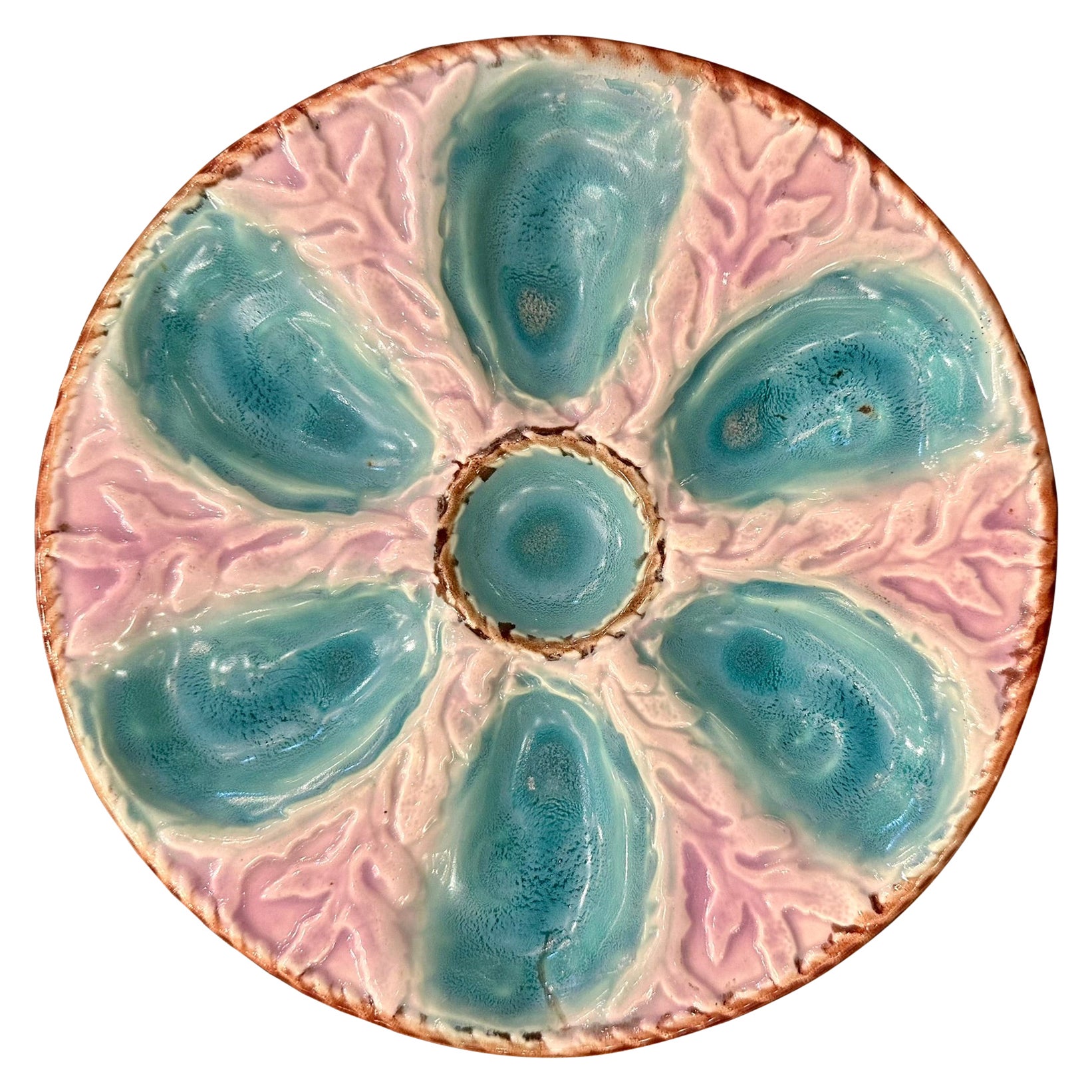Antico piatto da ostriche in maiolica inglese S. Fielding Lavender Circa 1870.